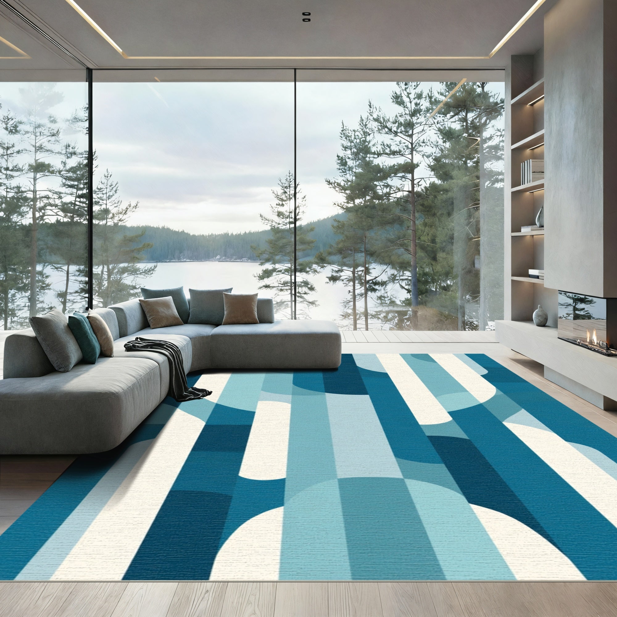 Deep Blue Waves Overlayed Stripes Rug