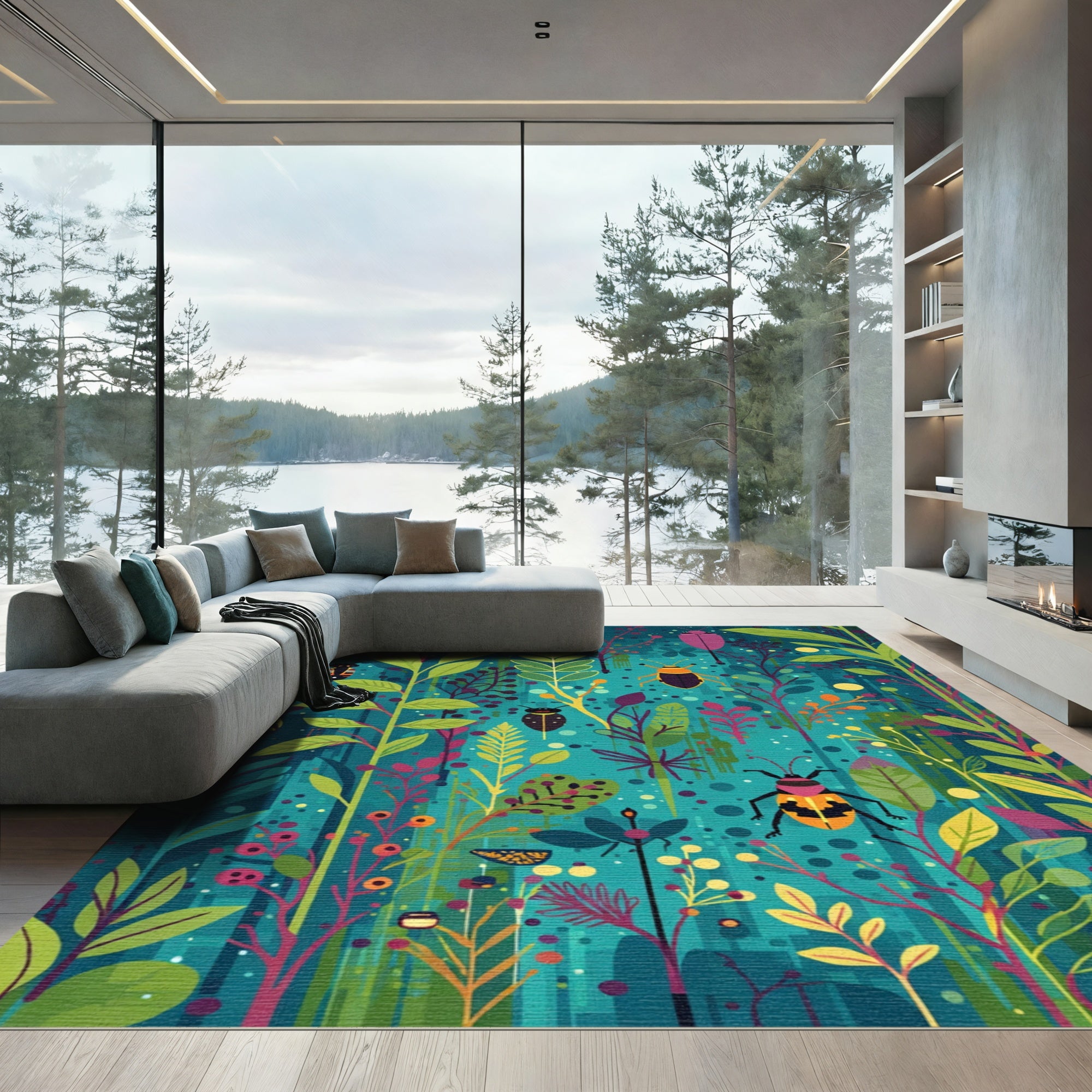 Whimsical Coral Beetle Botanical Garden Rug