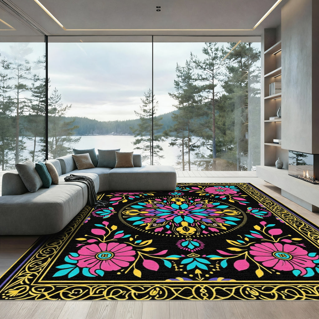 Vivid Magenta Teal Floral Mandala Rug