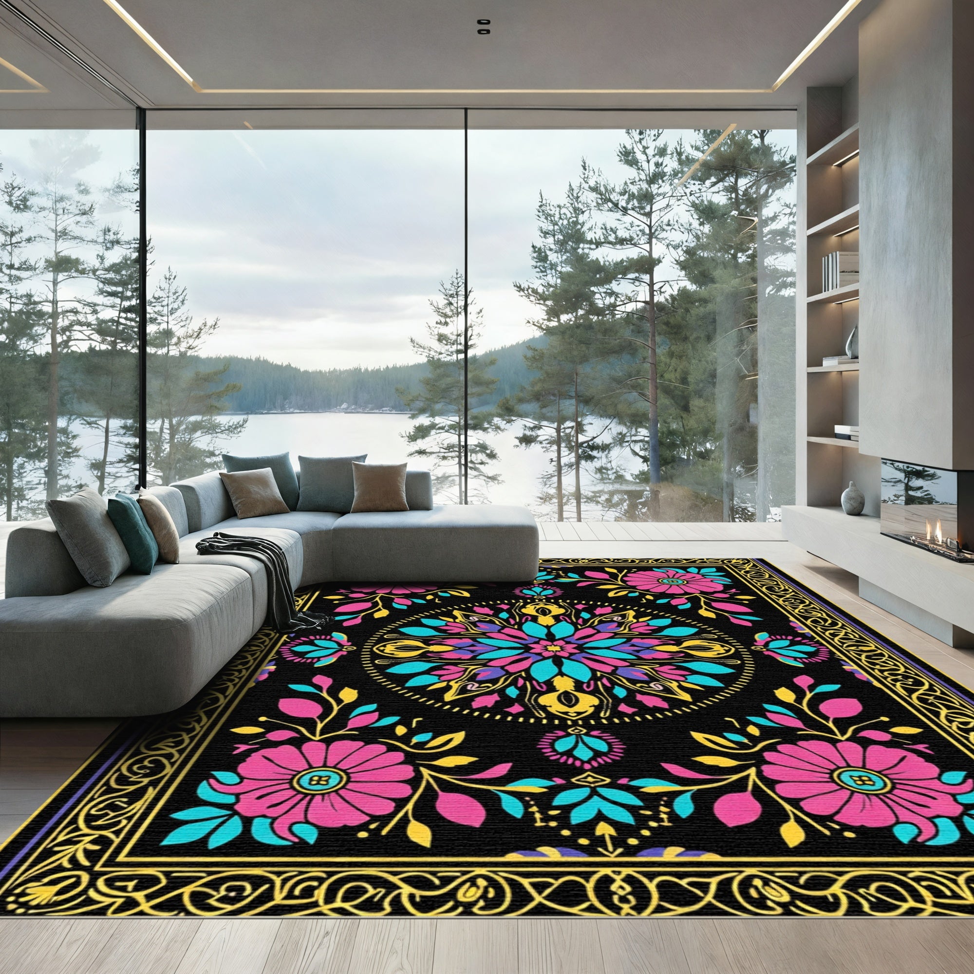 Vivid Magenta Teal Floral Mandala Rug