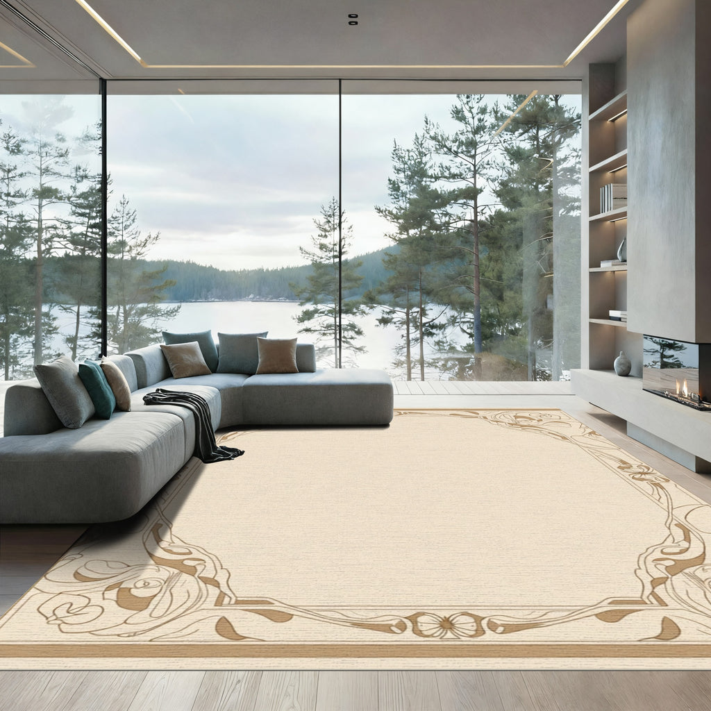 Elegant Beige Floral Art Nouveau Frame Rug