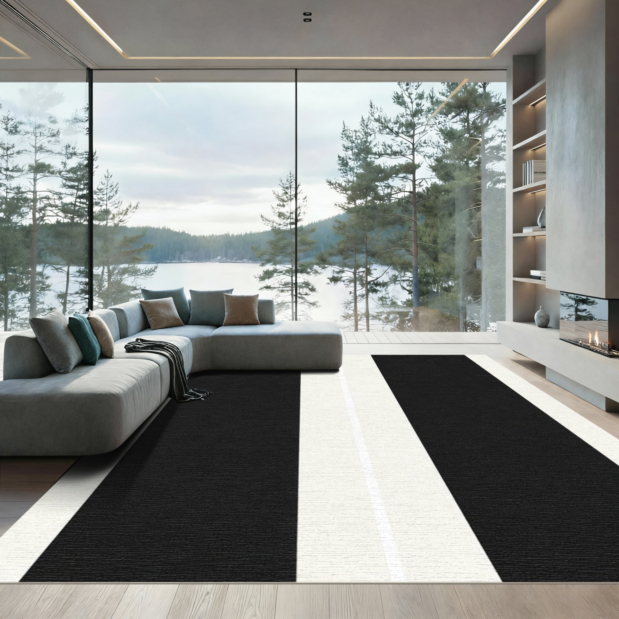 Bold Black White Parallel Bands Rug