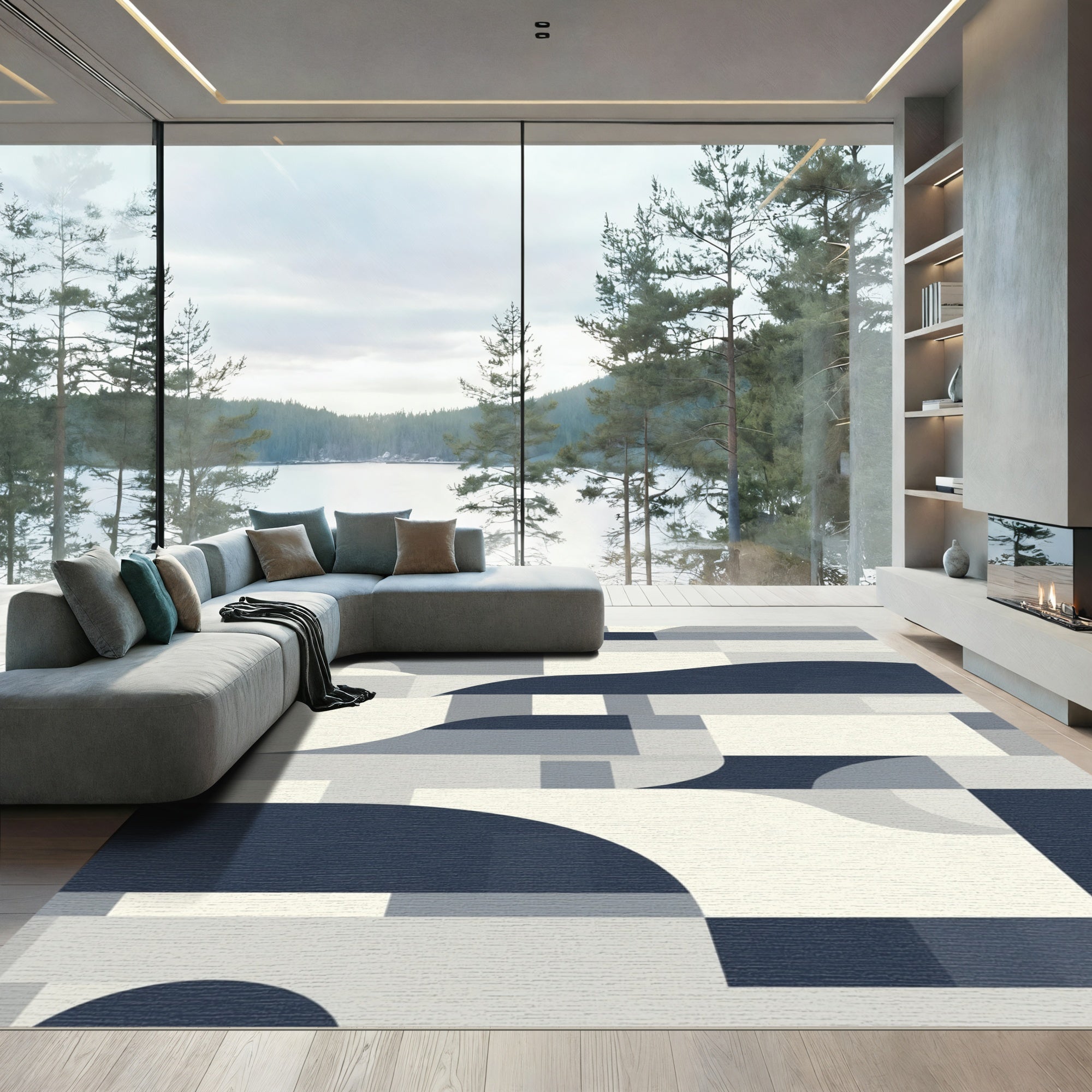 Modern Navy Geometric Abstract Waves Rug