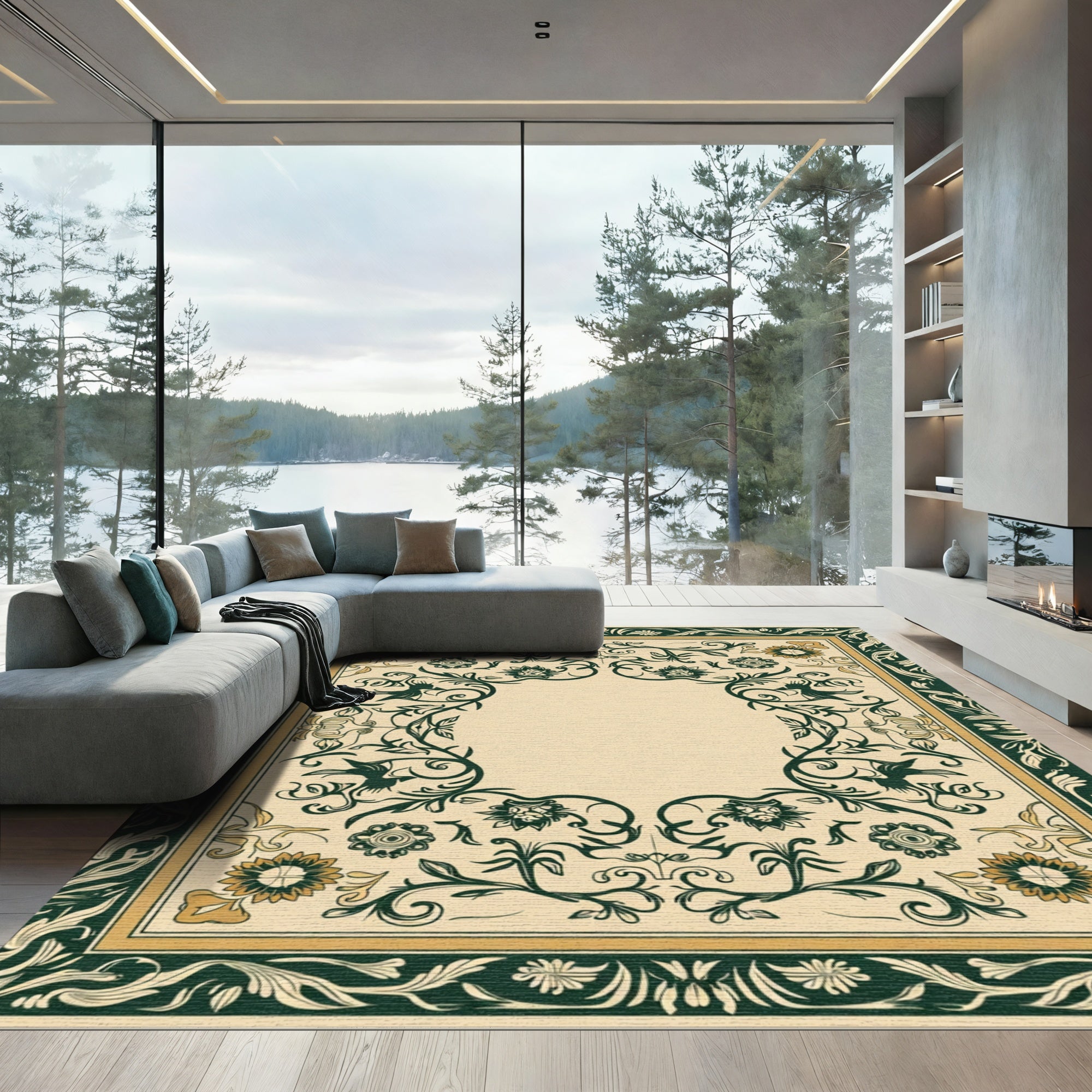 Cream Green Floral Vines Border Rug