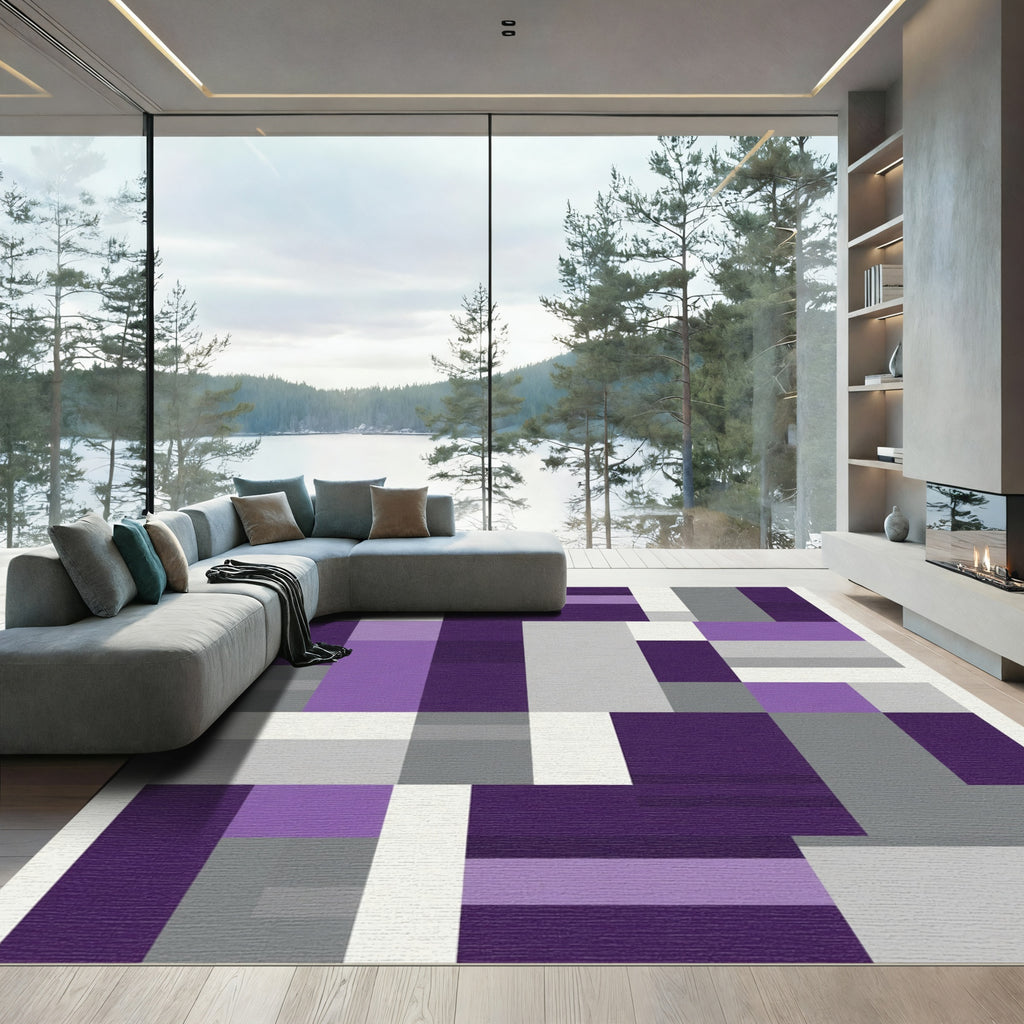 Abstract Purple Gray Geometric Blocks Rug