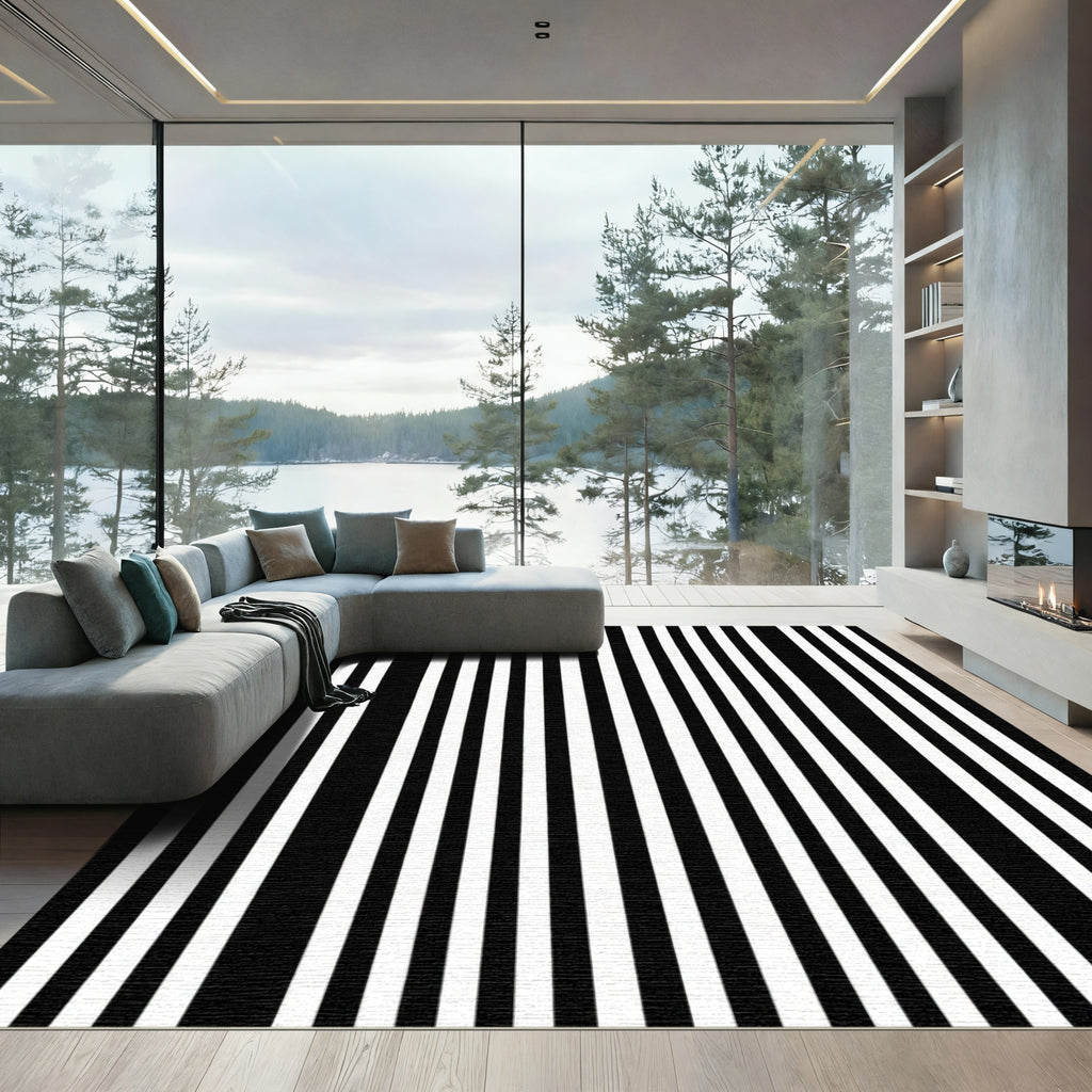 Alternating Black White Linear Texture Rug