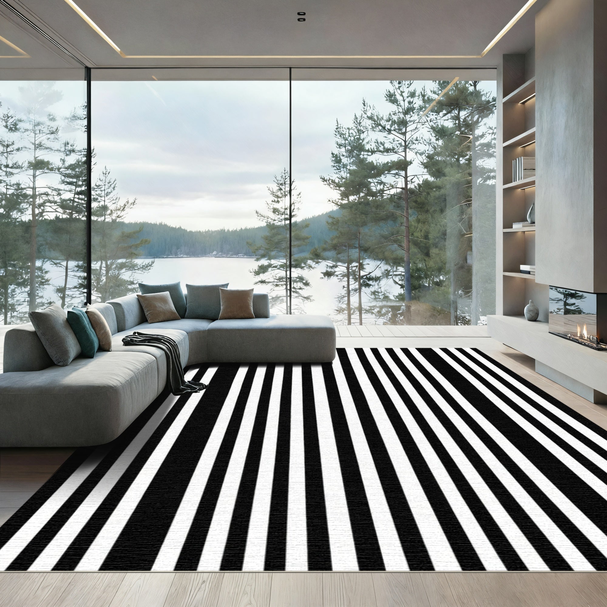 Alternating Black White Linear Texture Rug