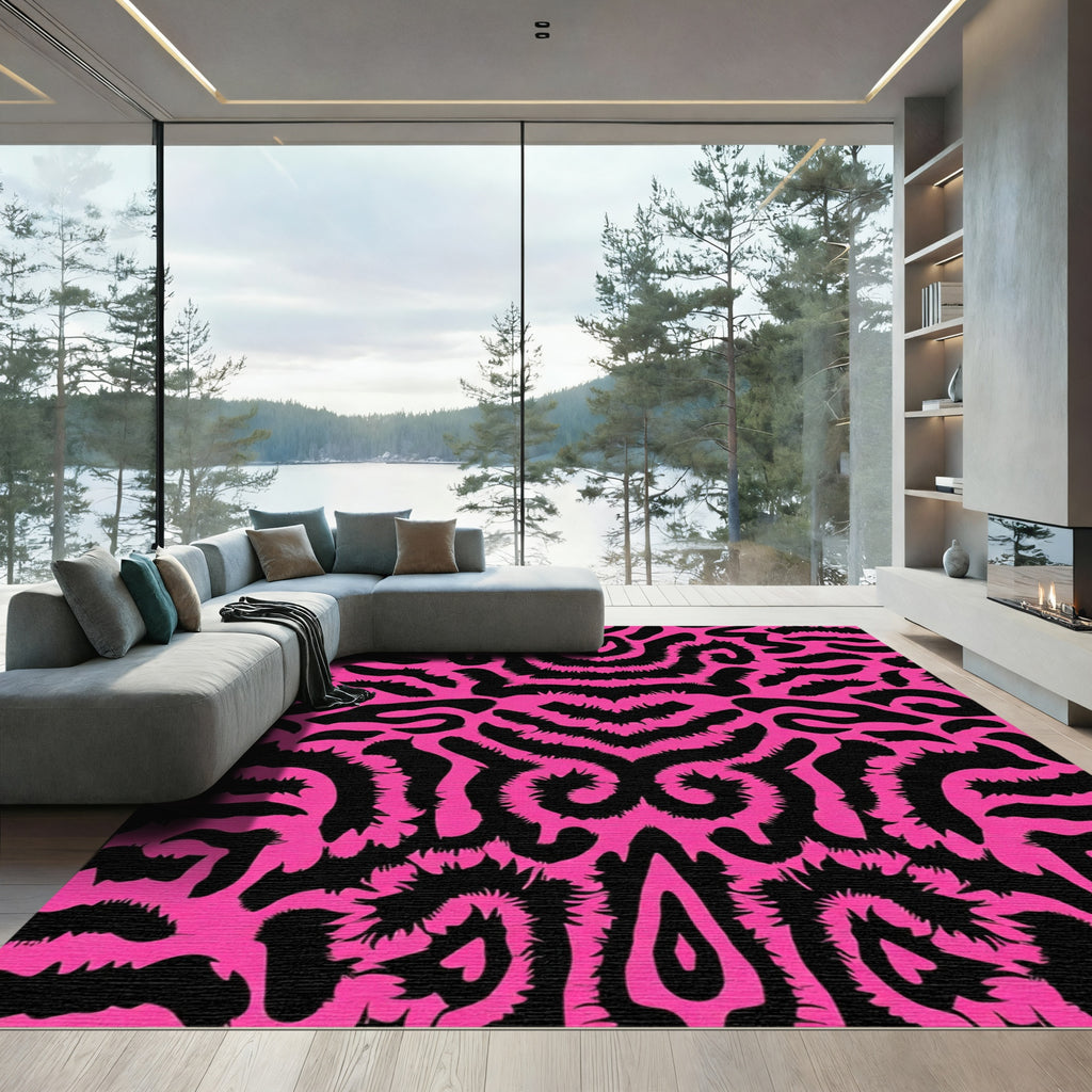 Vibrant Pink Black Organic Swirl Rug