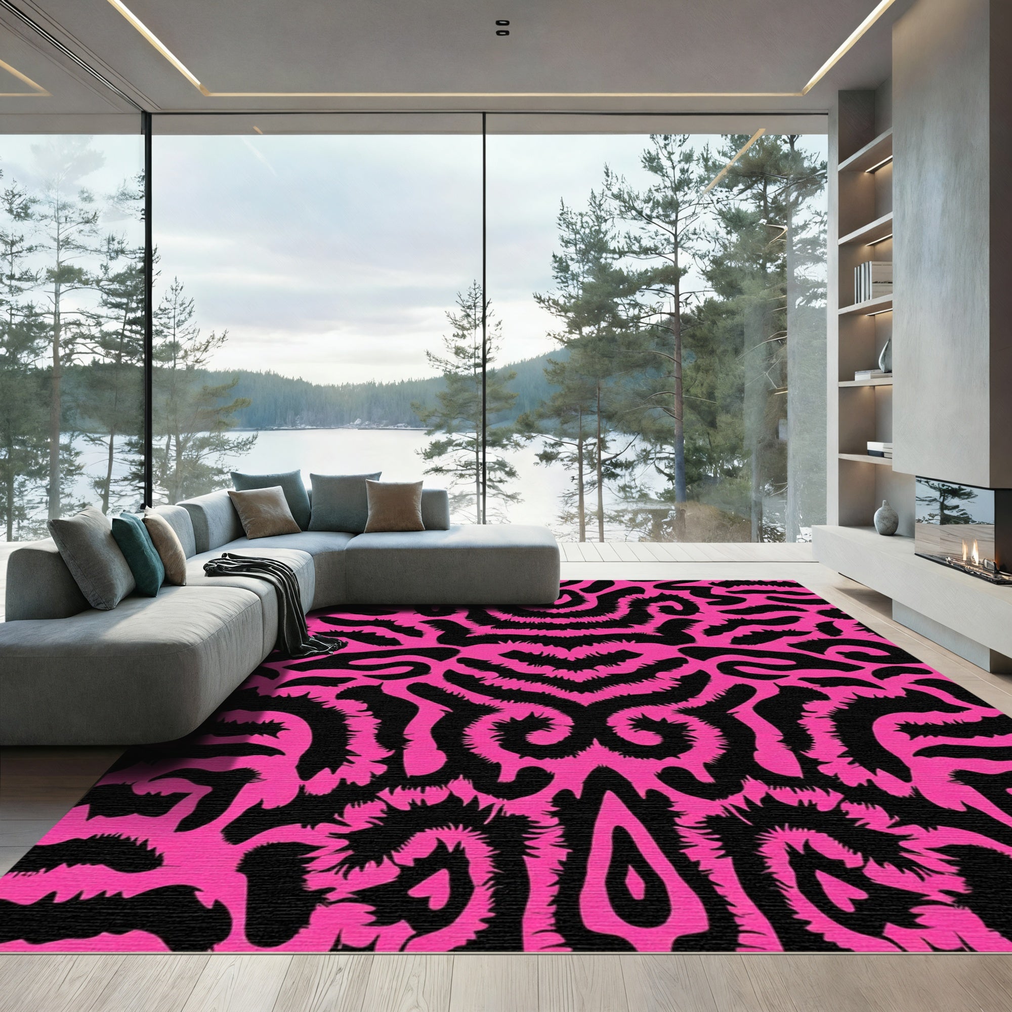 Vibrant Pink Black Organic Swirl Rug