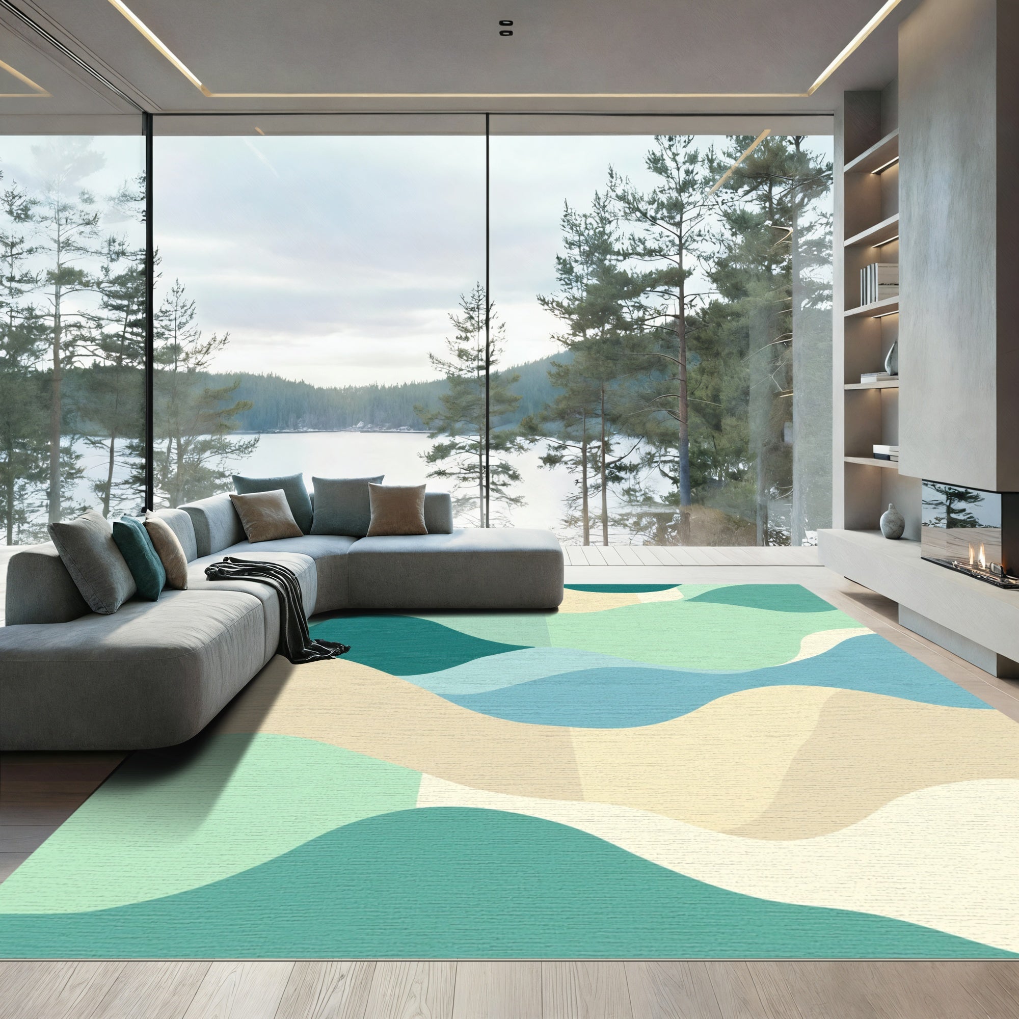Serene Teal Blue Landscape Waves Rug