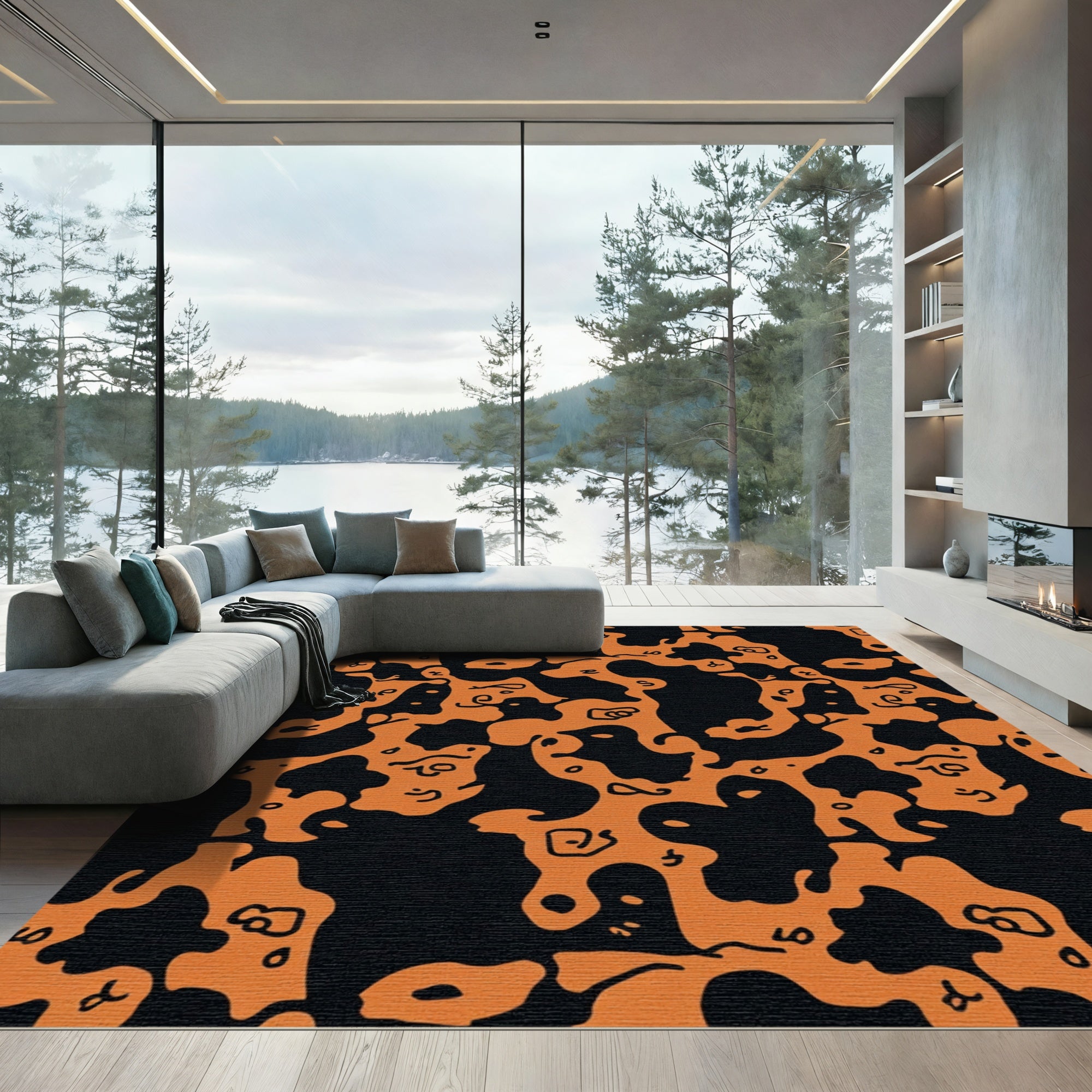 Orange Black Amoeba Abstract Shapes Rug