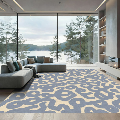 Abstract Blue Swirls Cream Background Rug
