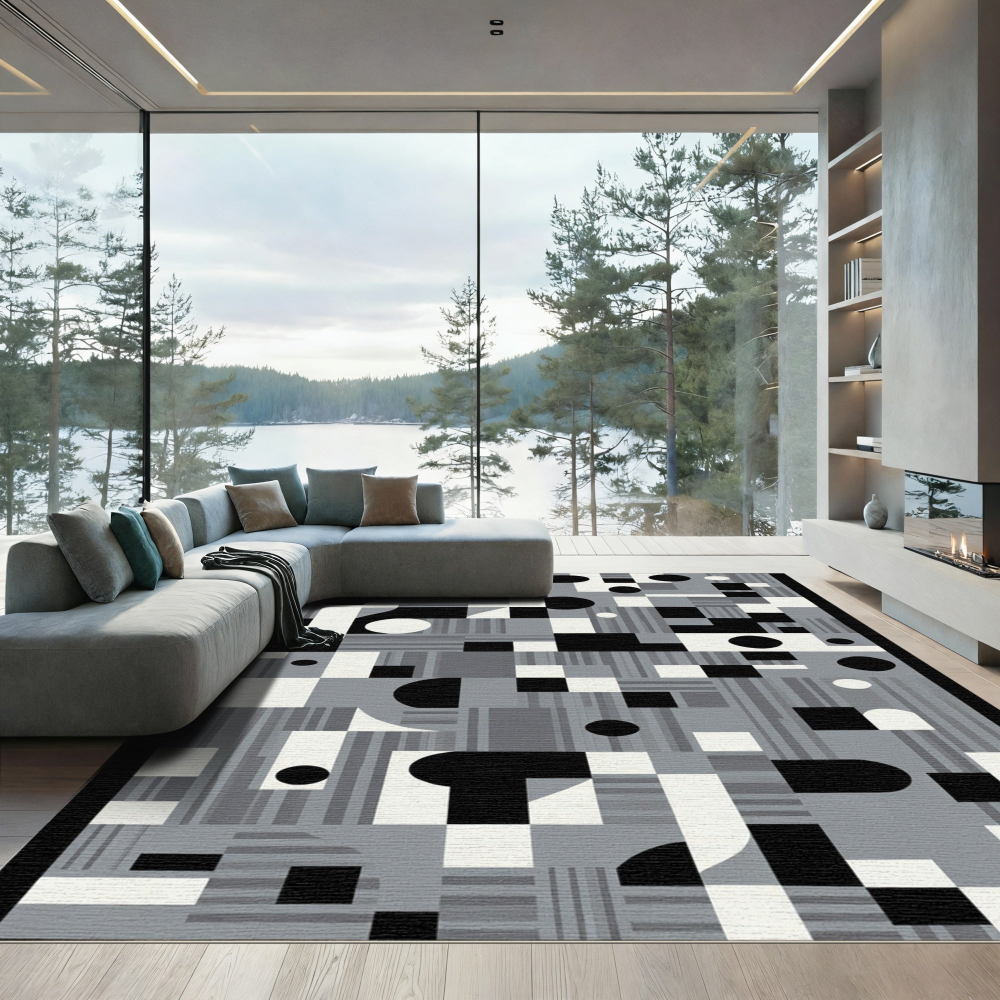Abstract Geometric Monochrome Composition Rug