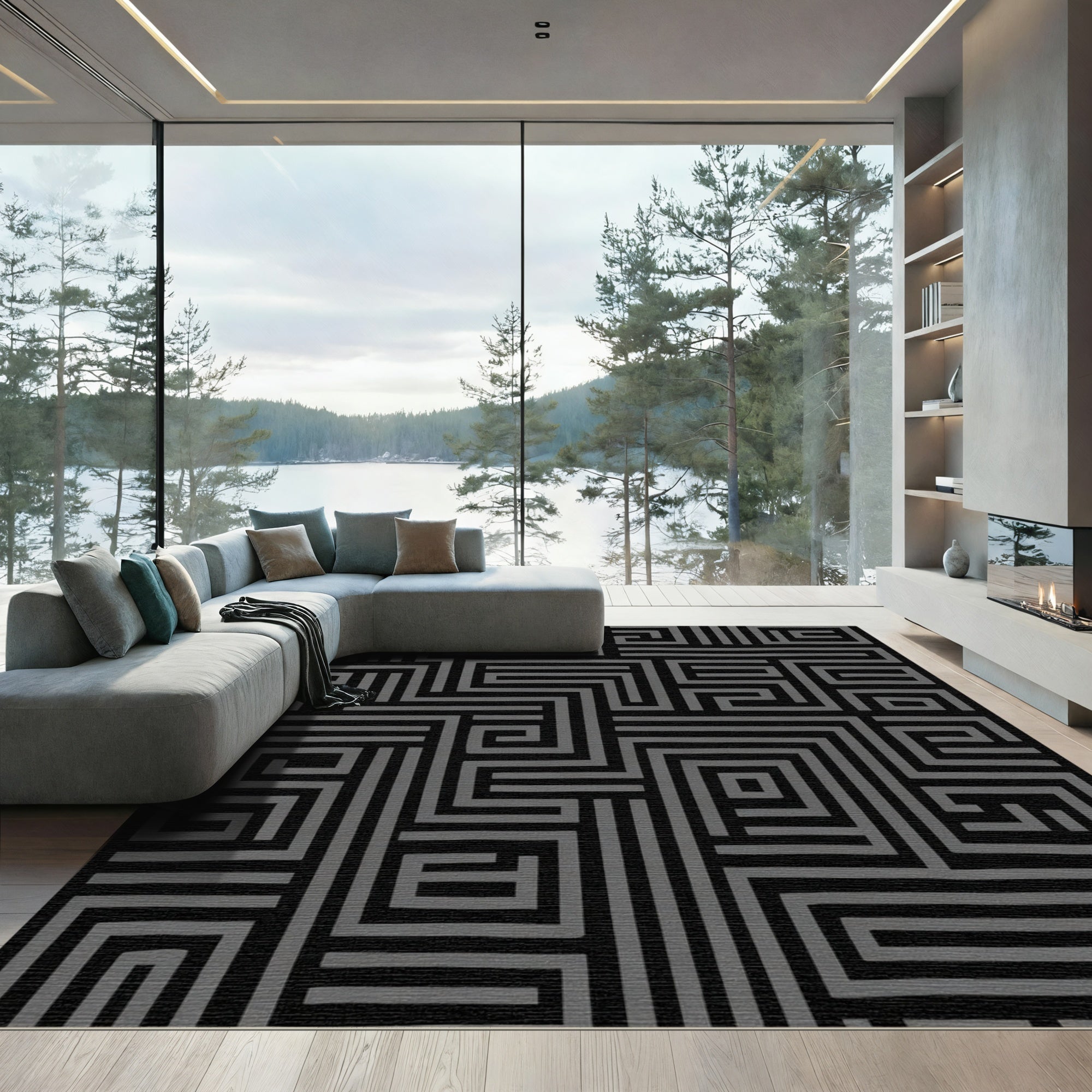 Art Deco Black Geometric Maze Rug