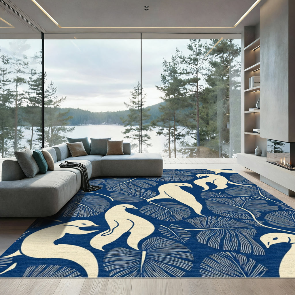 Cream Birds Blue Tropical Leaf Rug