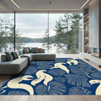 Cream Birds Blue Tropical Leaf Rug