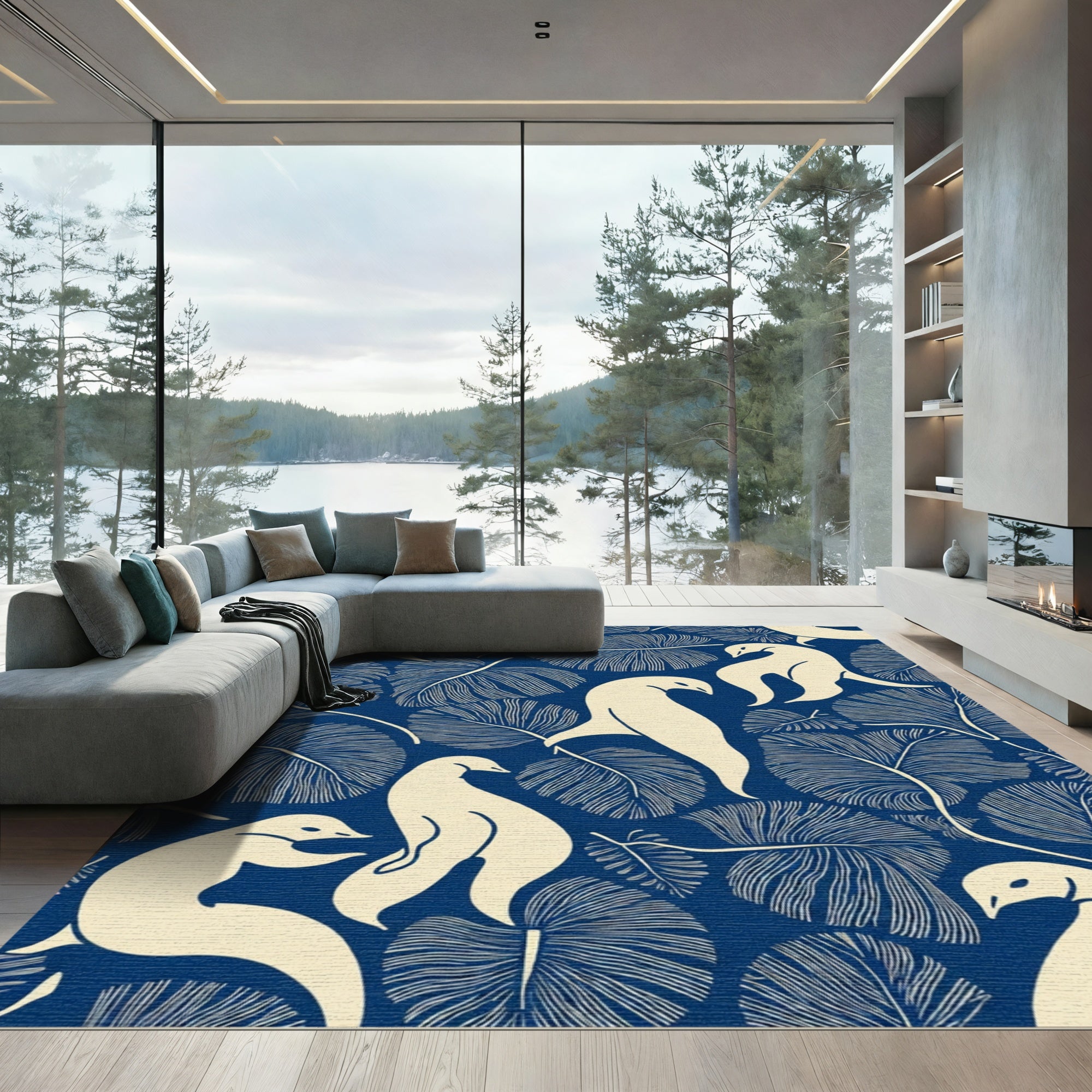 Cream Birds Blue Tropical Leaf Rug