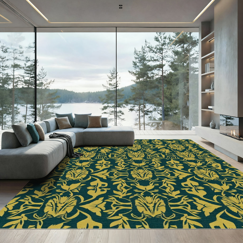Gilded Teal Damask Floral Flourish Rug
