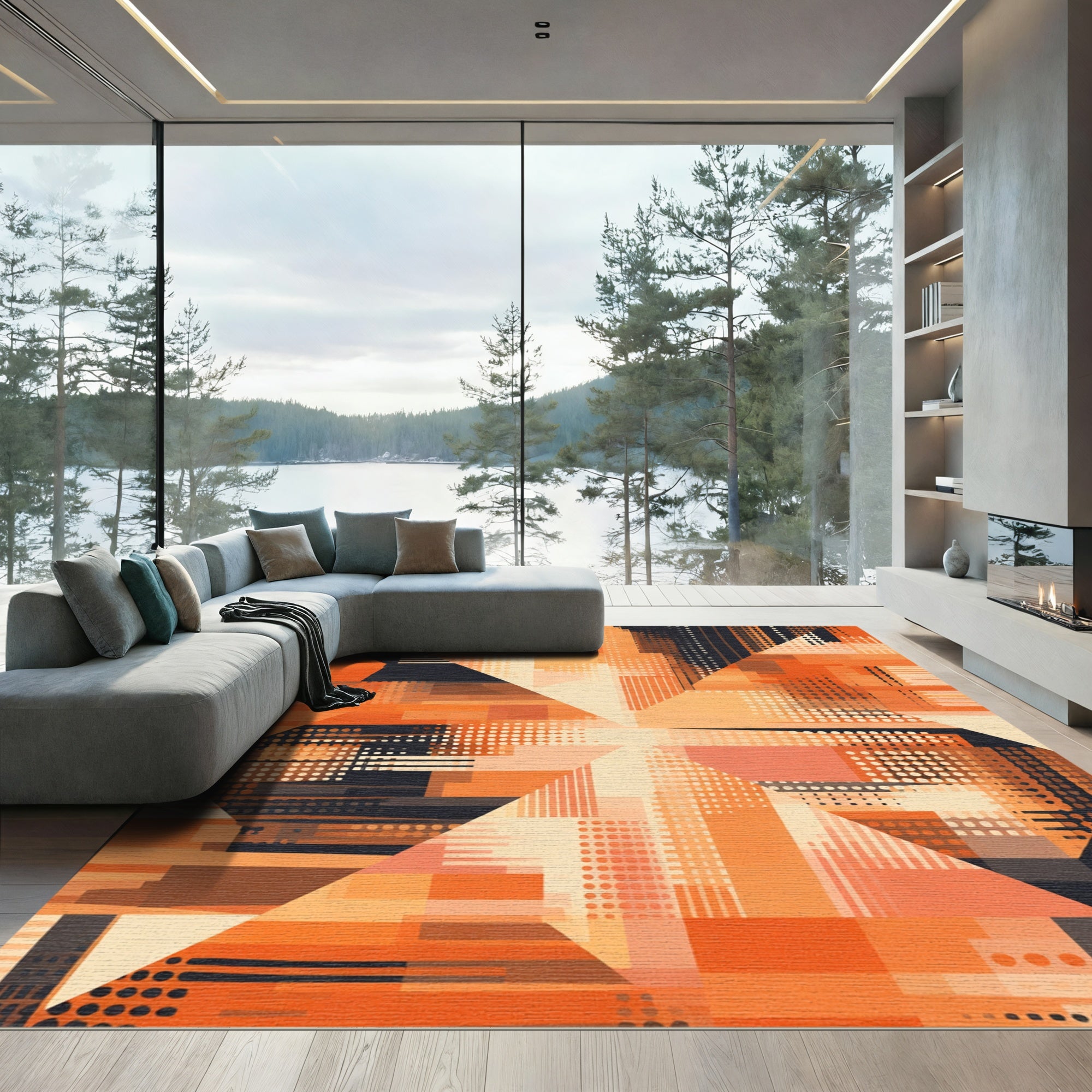 Geometric Orange Abstract Pixelated Rug
