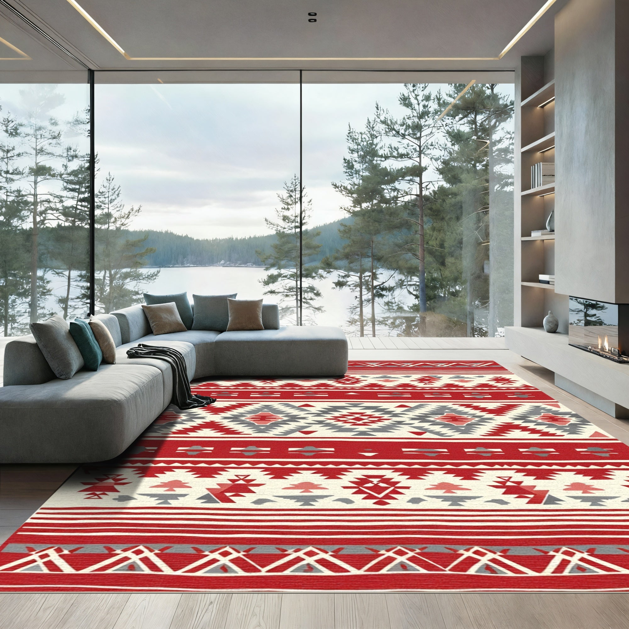 Red Gray Jagged Diamond Stripe Rug