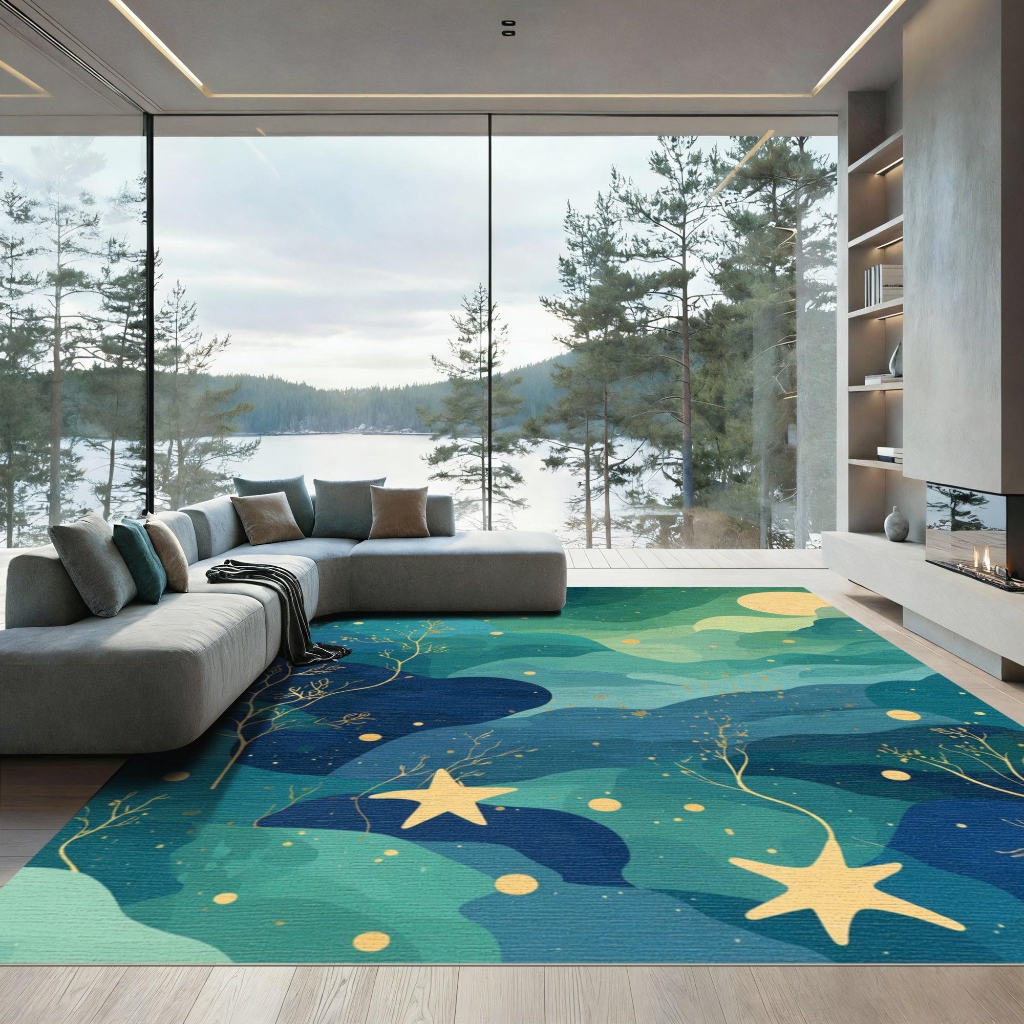 Deep Teal Starry Night Sky Rug