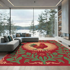 Crimson Rooster with Green Foliage Border Rug