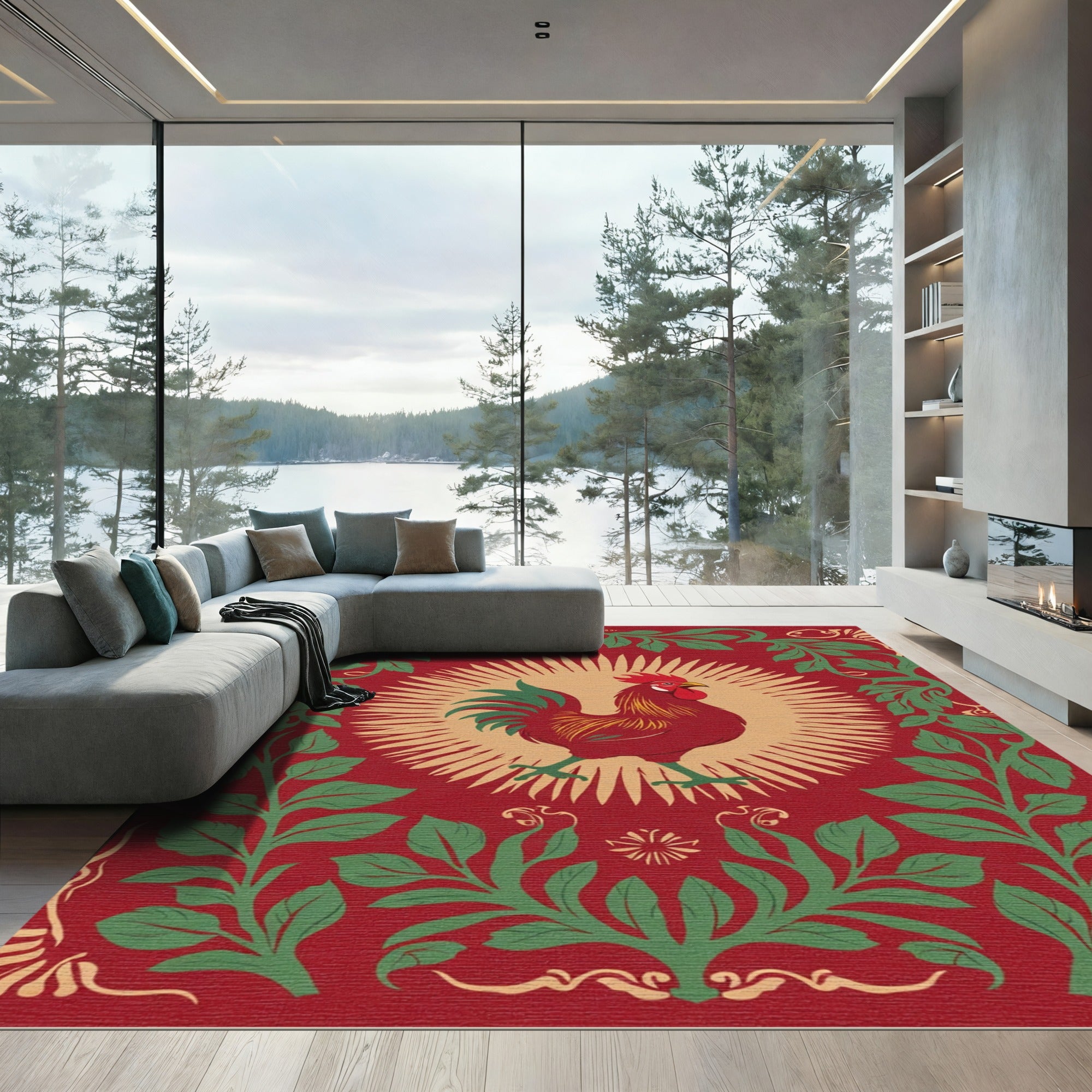 Crimson Rooster with Green Foliage Border Rug