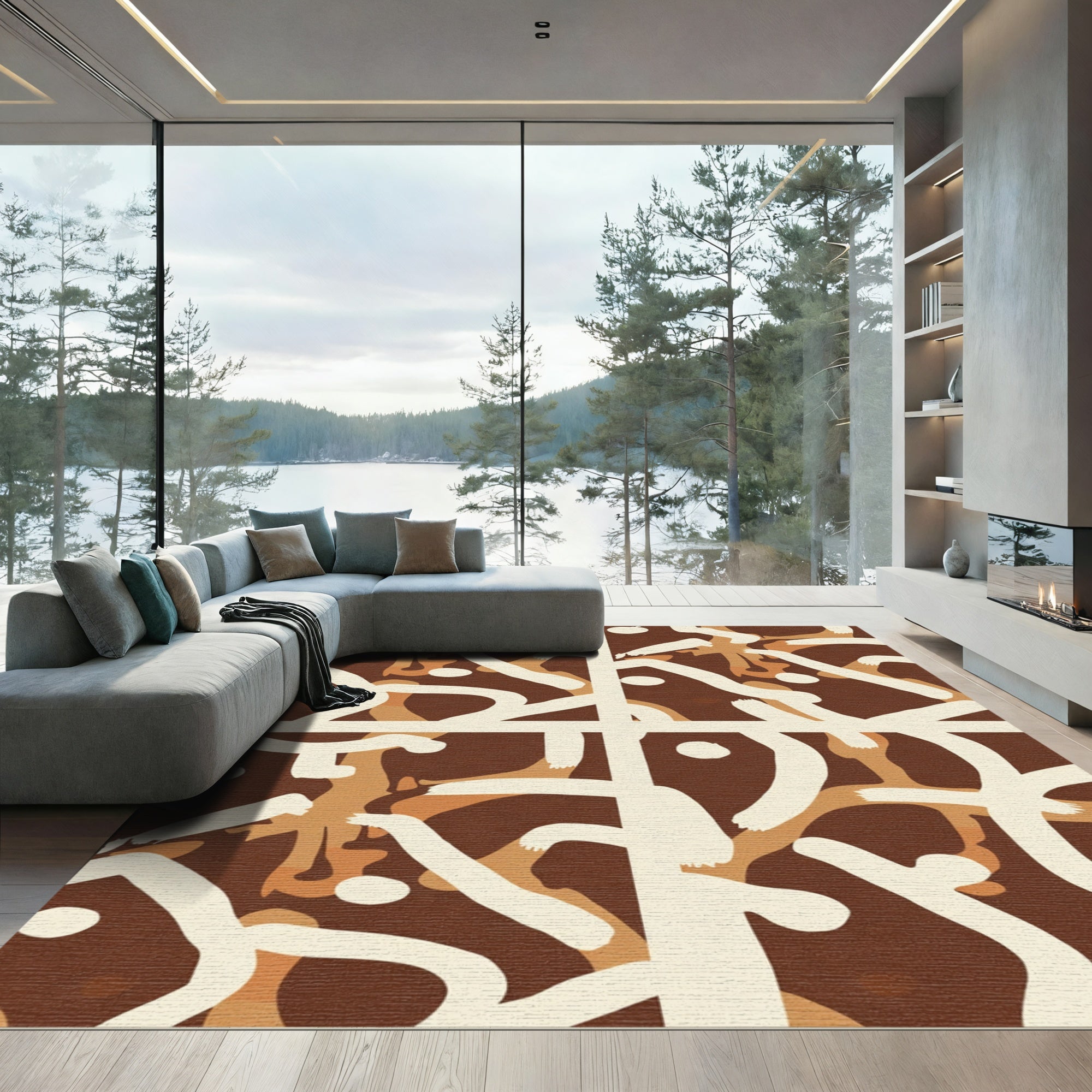Abstract Brown Ivory Brushstroke Composition Rug