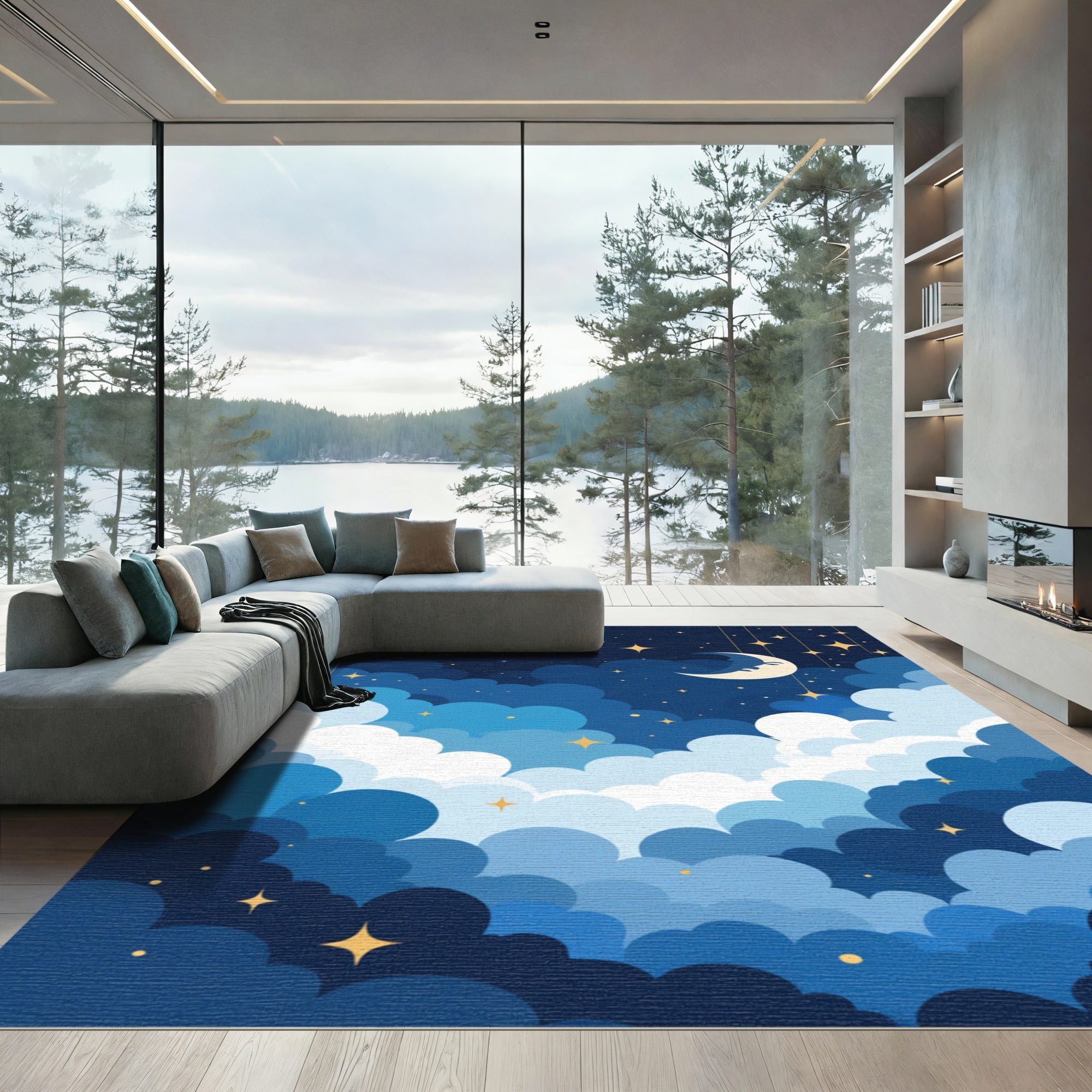 Dreamy Celestial Clouds Moon Stars Rug
