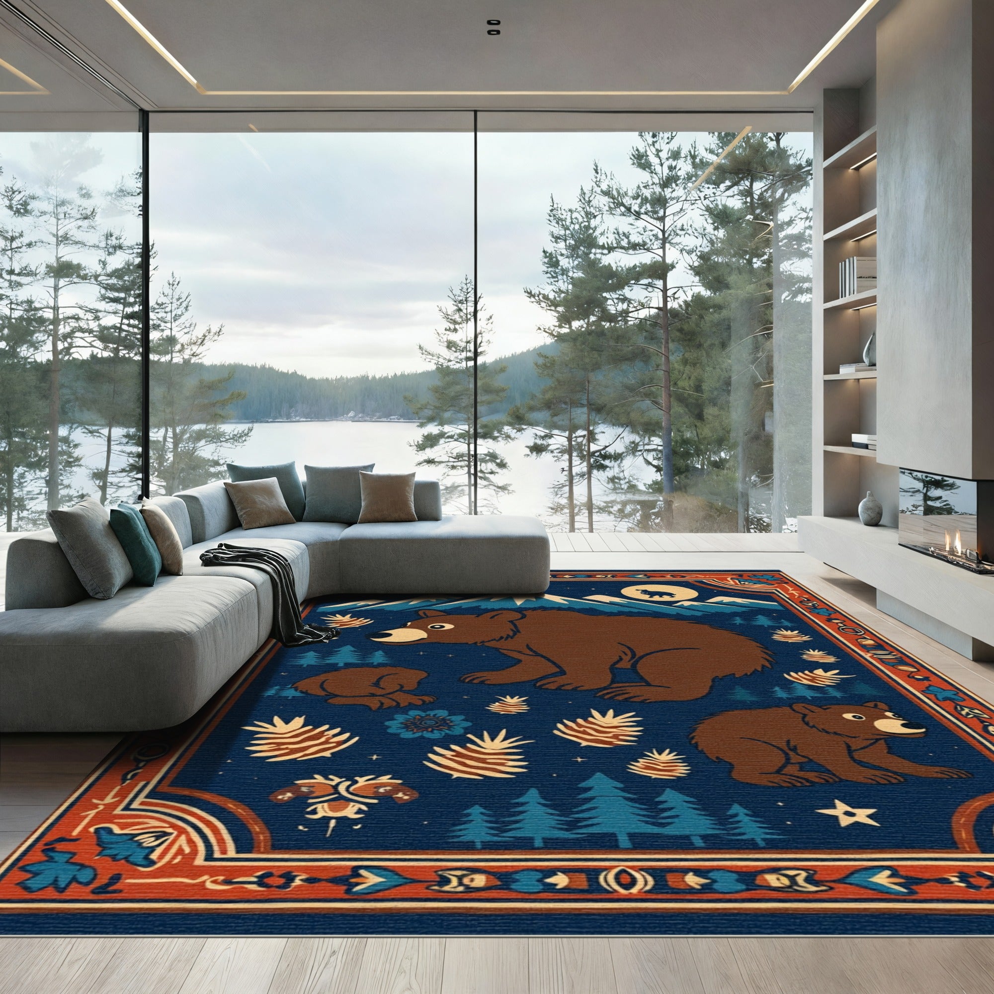 Brown Bears Mountain Night Sky Rug