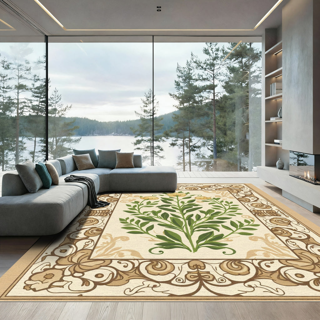Cream and Gold Floral Botanical Branch Rug
