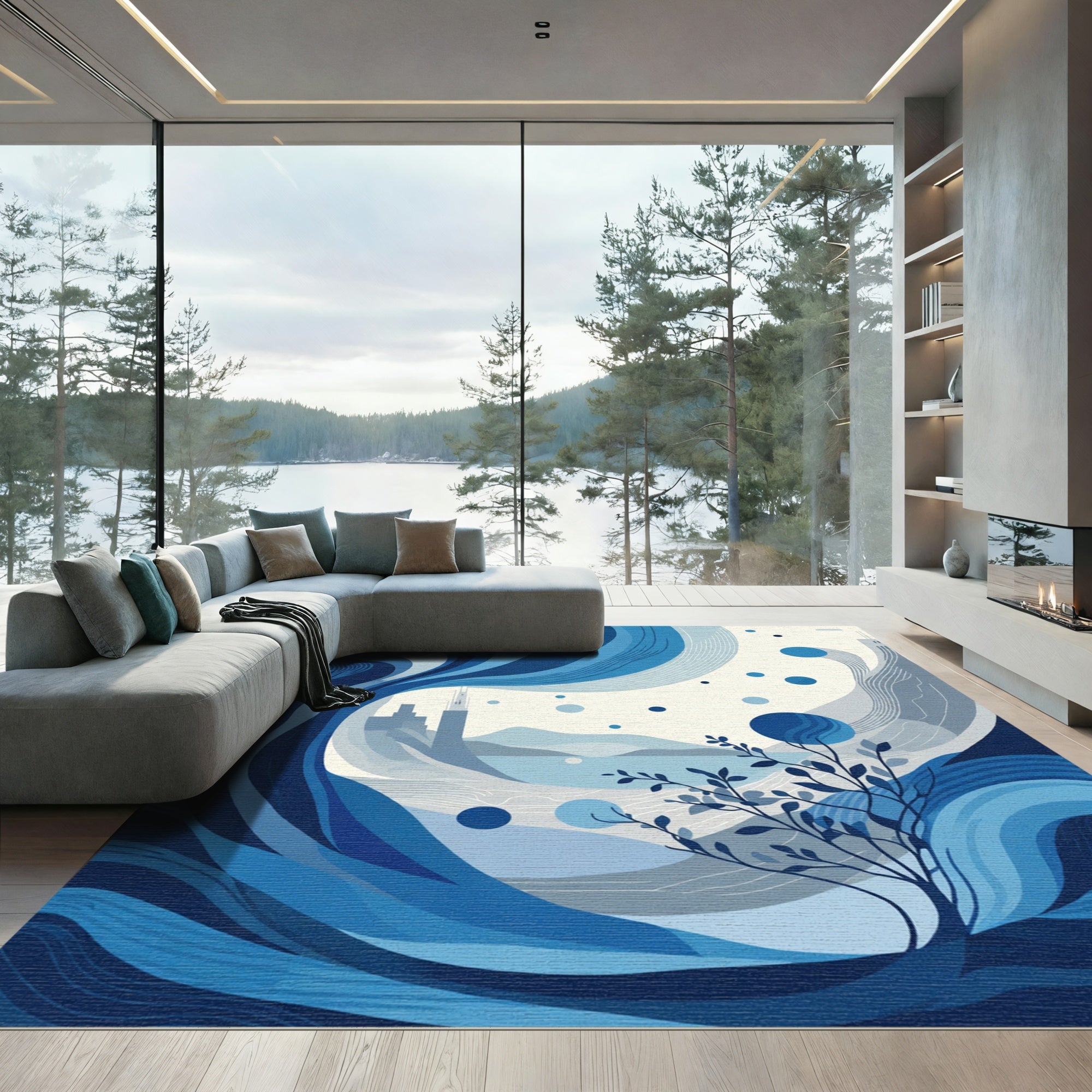Deep Blue Abstract Coastal Tree Rug