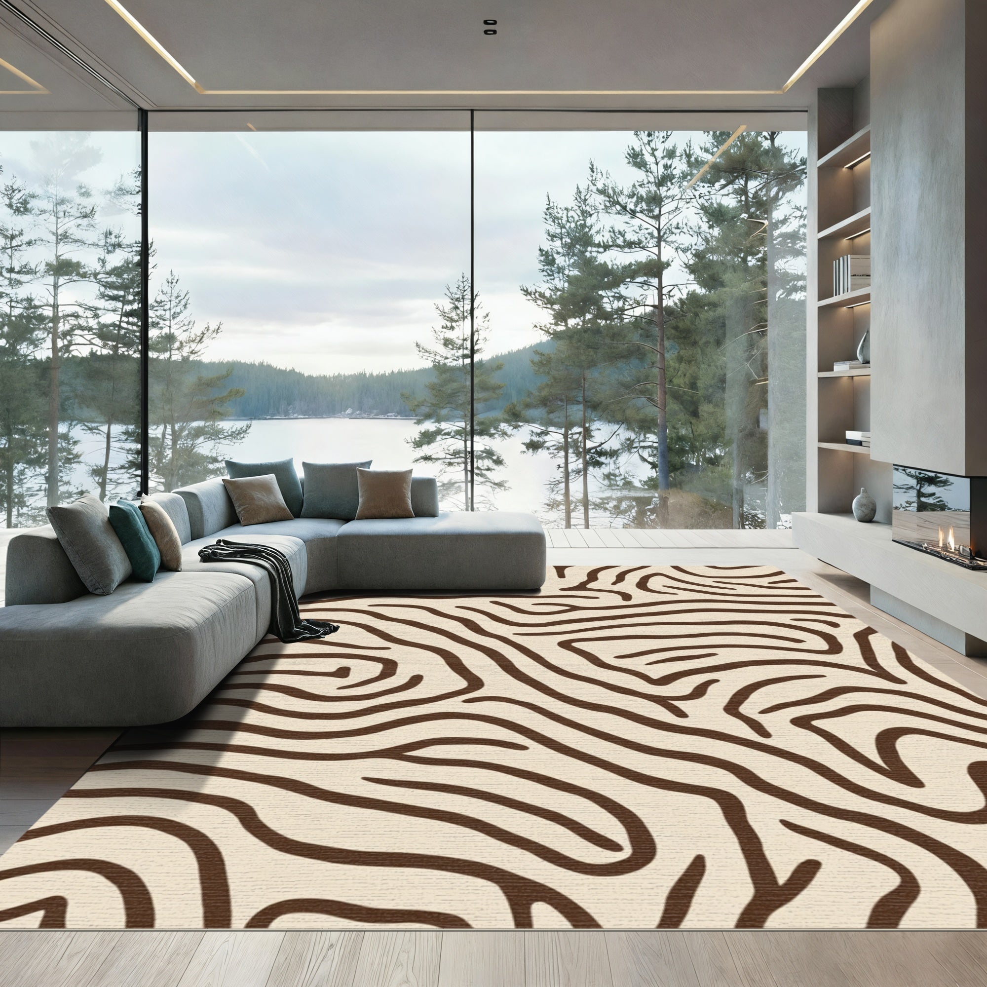 Cream Brown Abstract Organic Stripes Rug