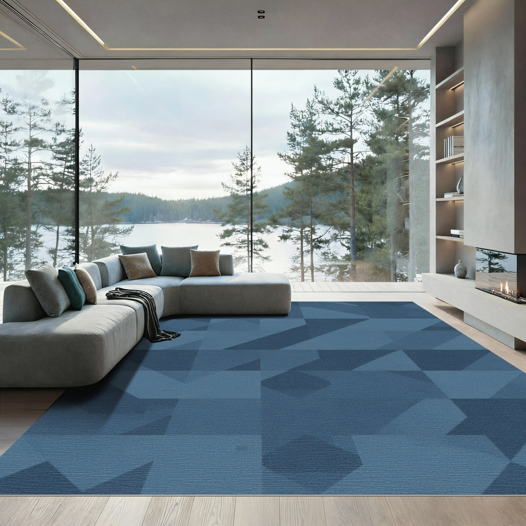 Deep Blue Geometric Block Arrangement Rug