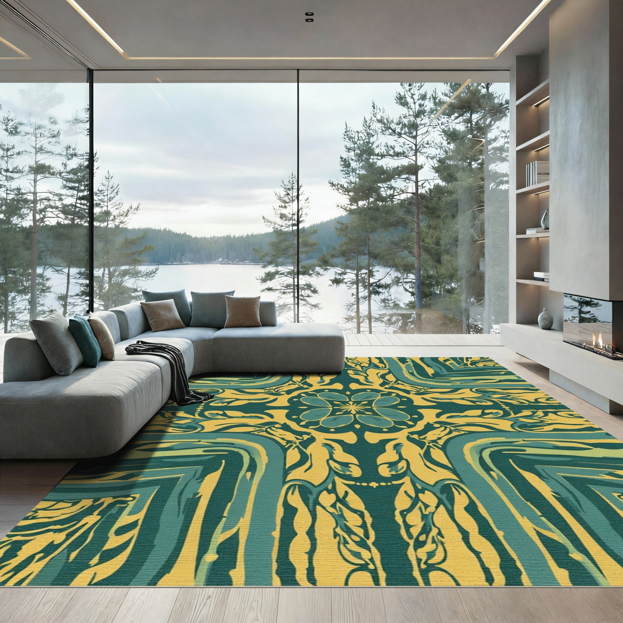 Teal and Gold Floral Medallion Symmetry Rug