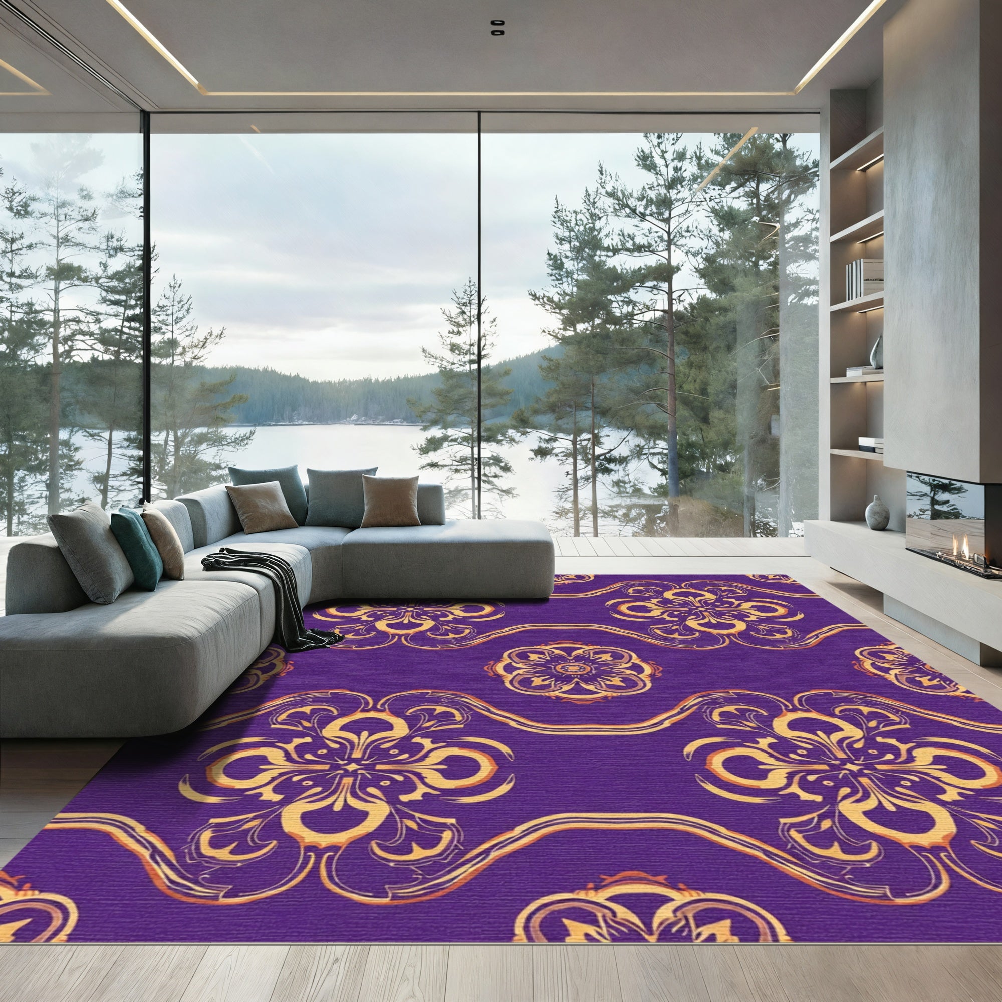 Regal Purple Golden Floral Serpentine Rug