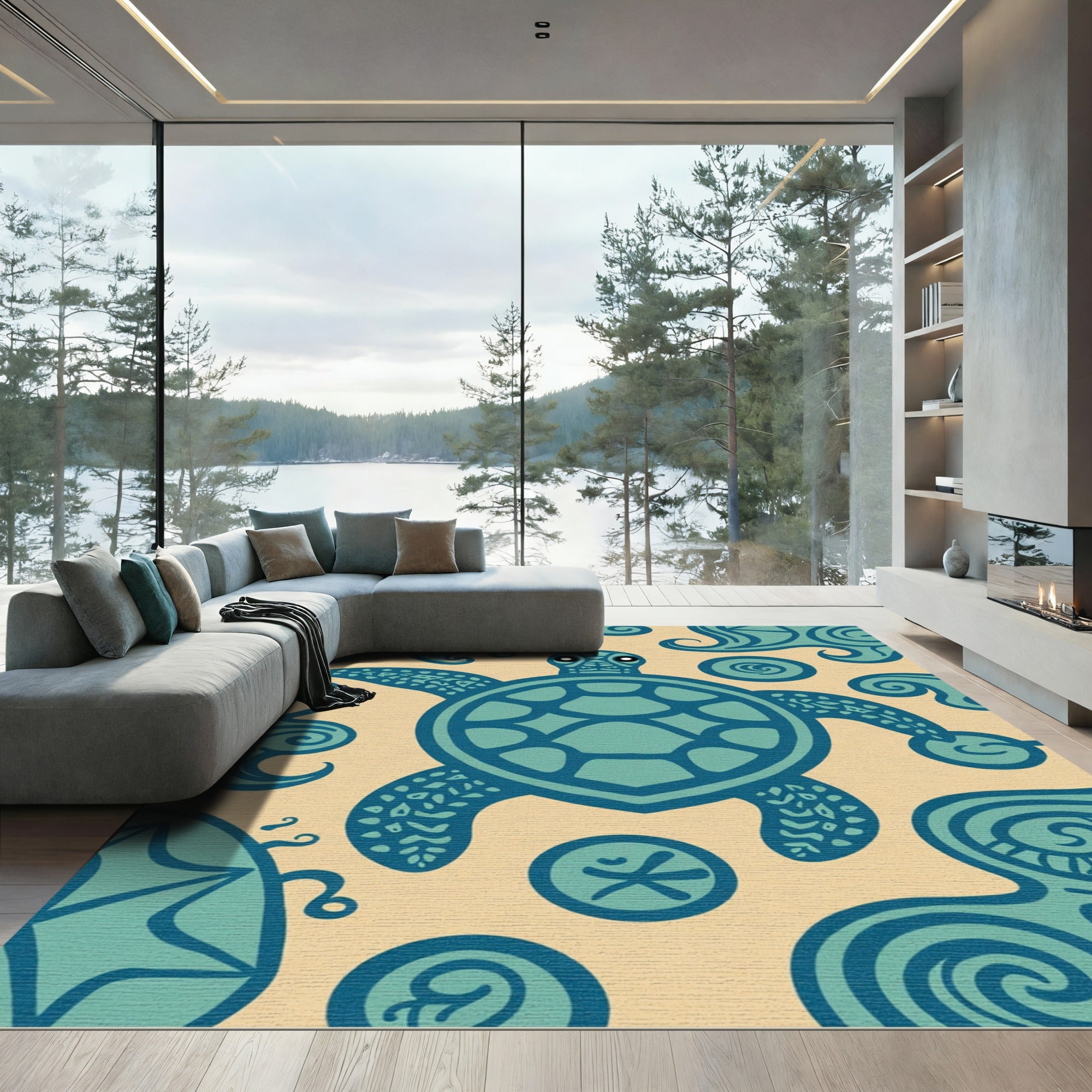 Coastal Turquoise Turtle Tribal Waves Rug