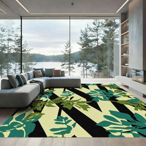 Black Beige Green Foliage Stripes Rug