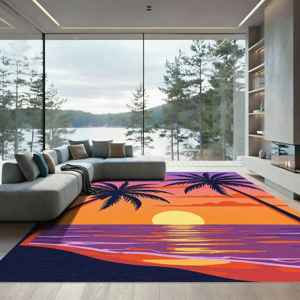 Vibrant Sunset Palm Trees Water Reflection Rug