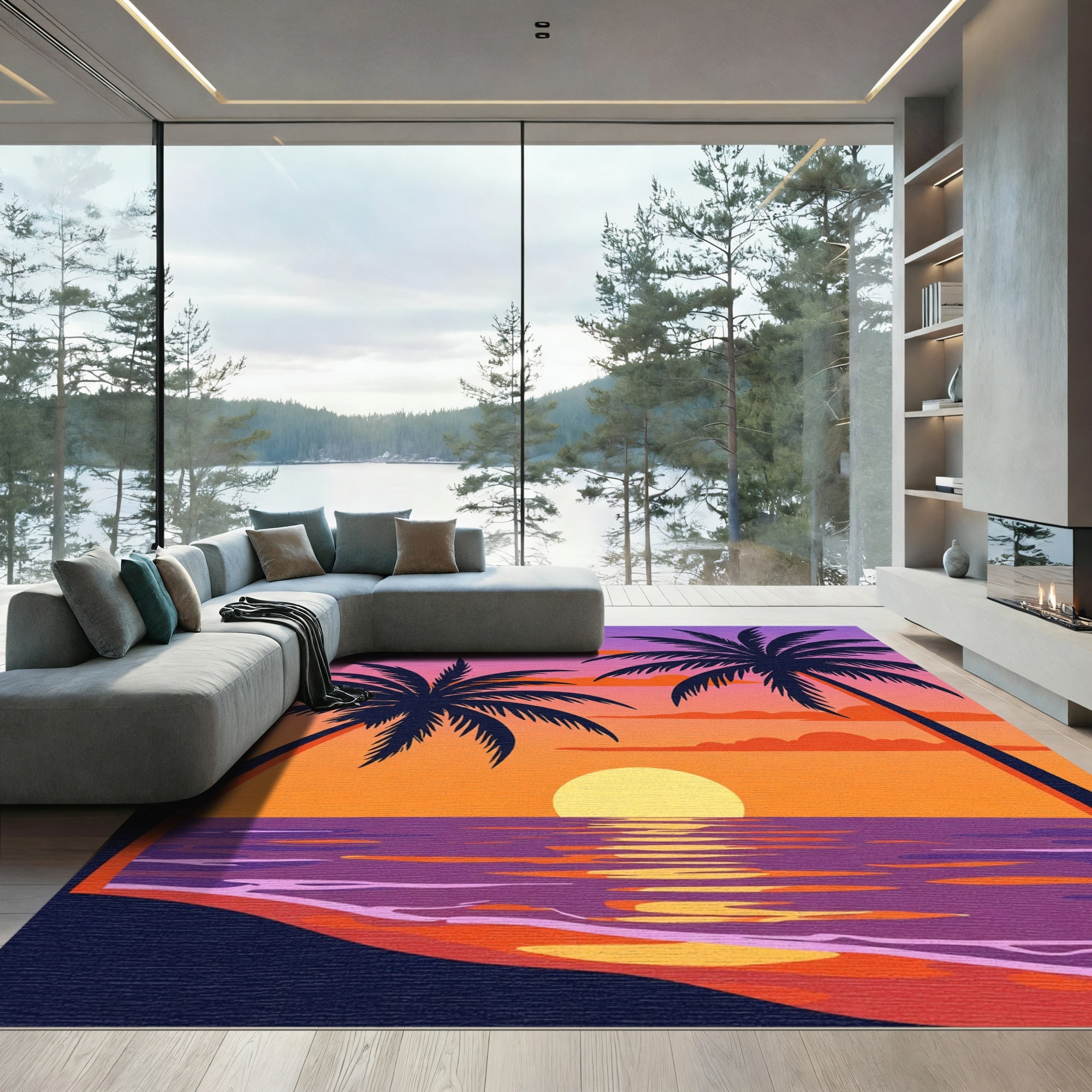 Vibrant Sunset Palm Trees Water Reflection Rug