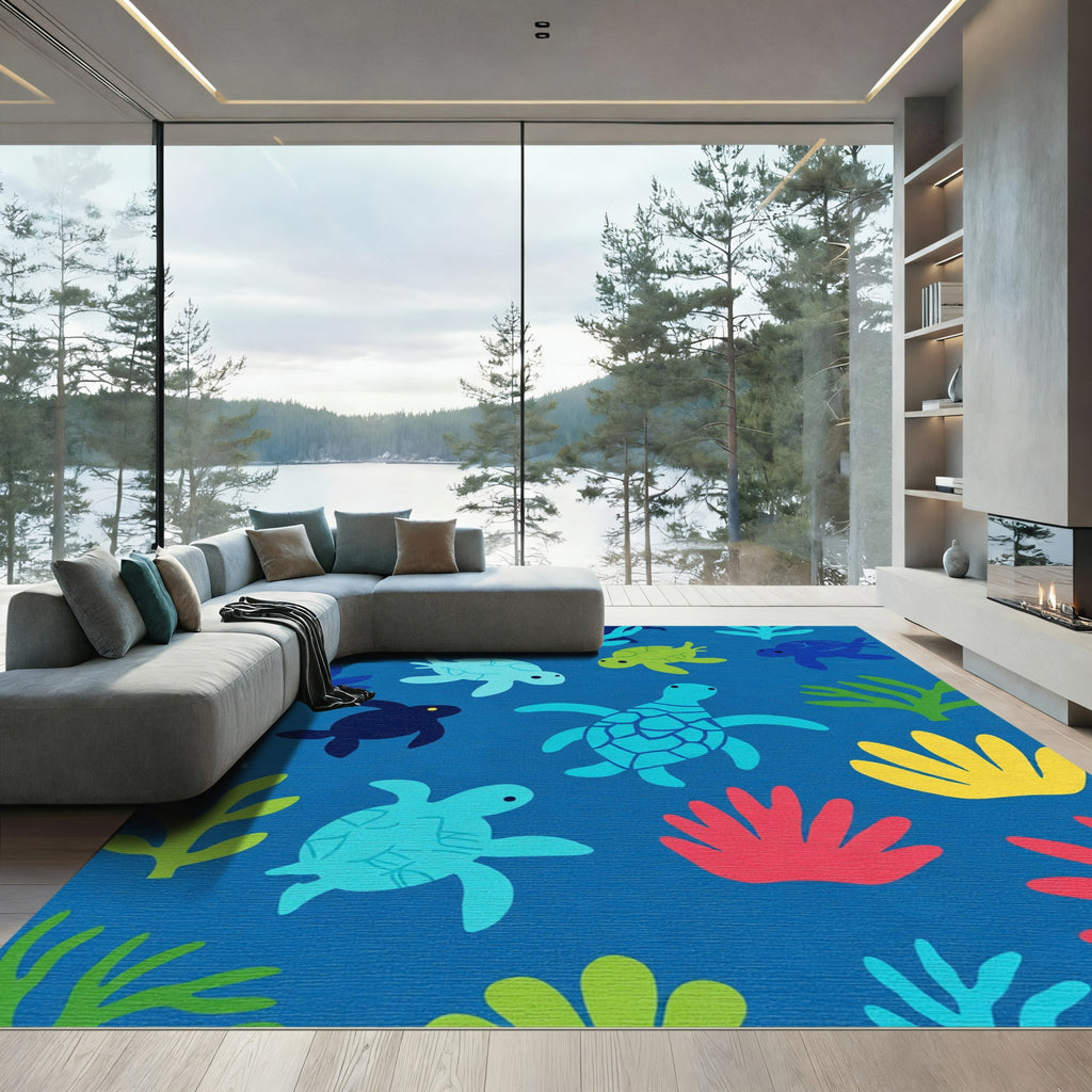 Sea Turtle Coral Reef Playful Aquatic Scene Rug