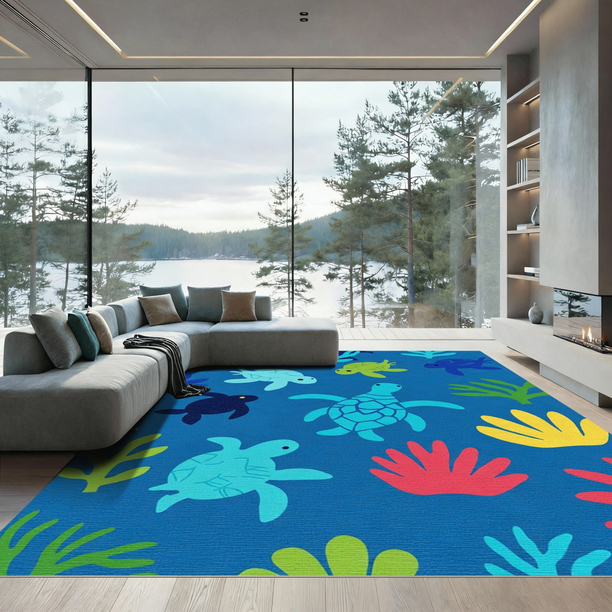 Sea Turtle Coral Reef Playful Aquatic Scene Rug