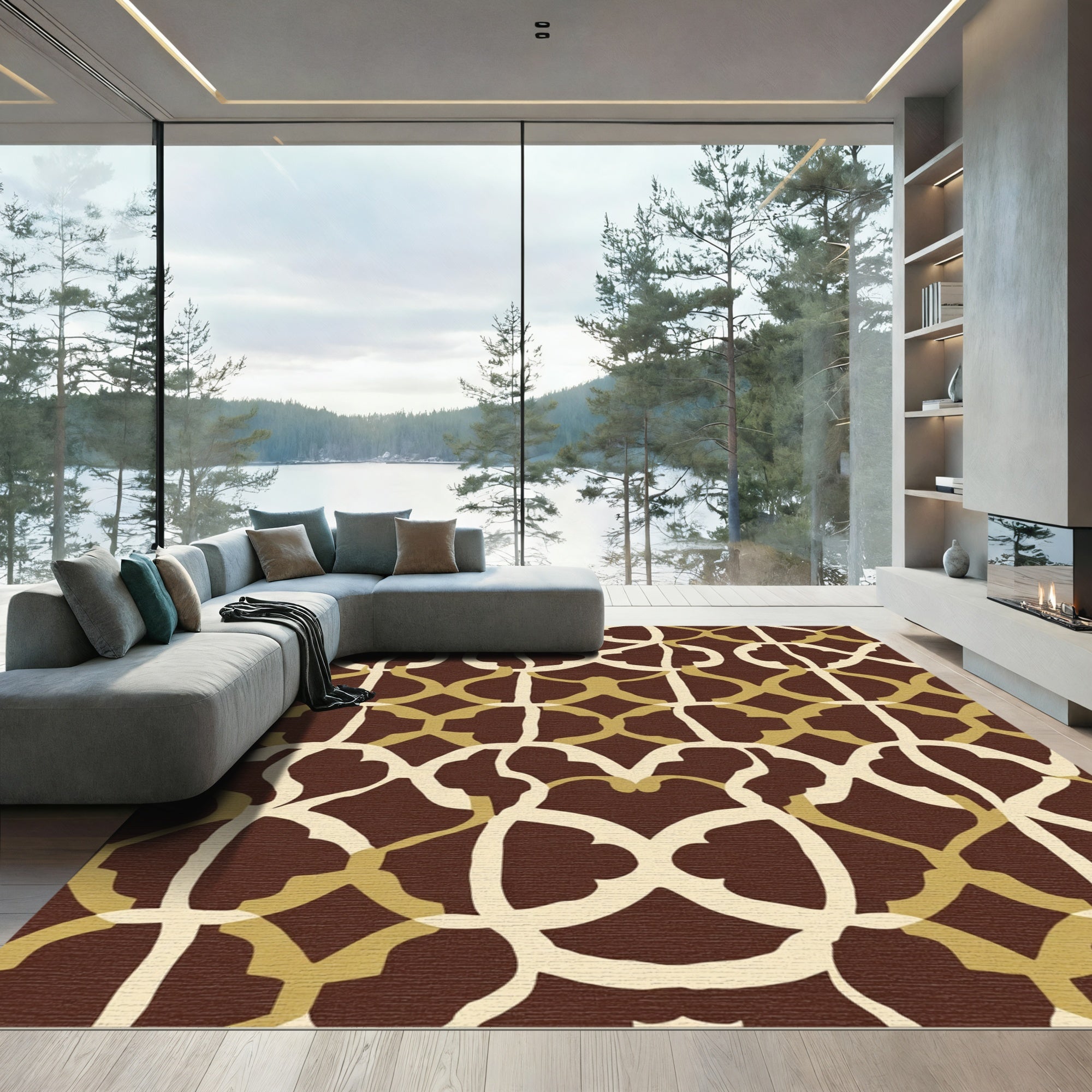 Rich Brown Gold Interlocking Arches Rug