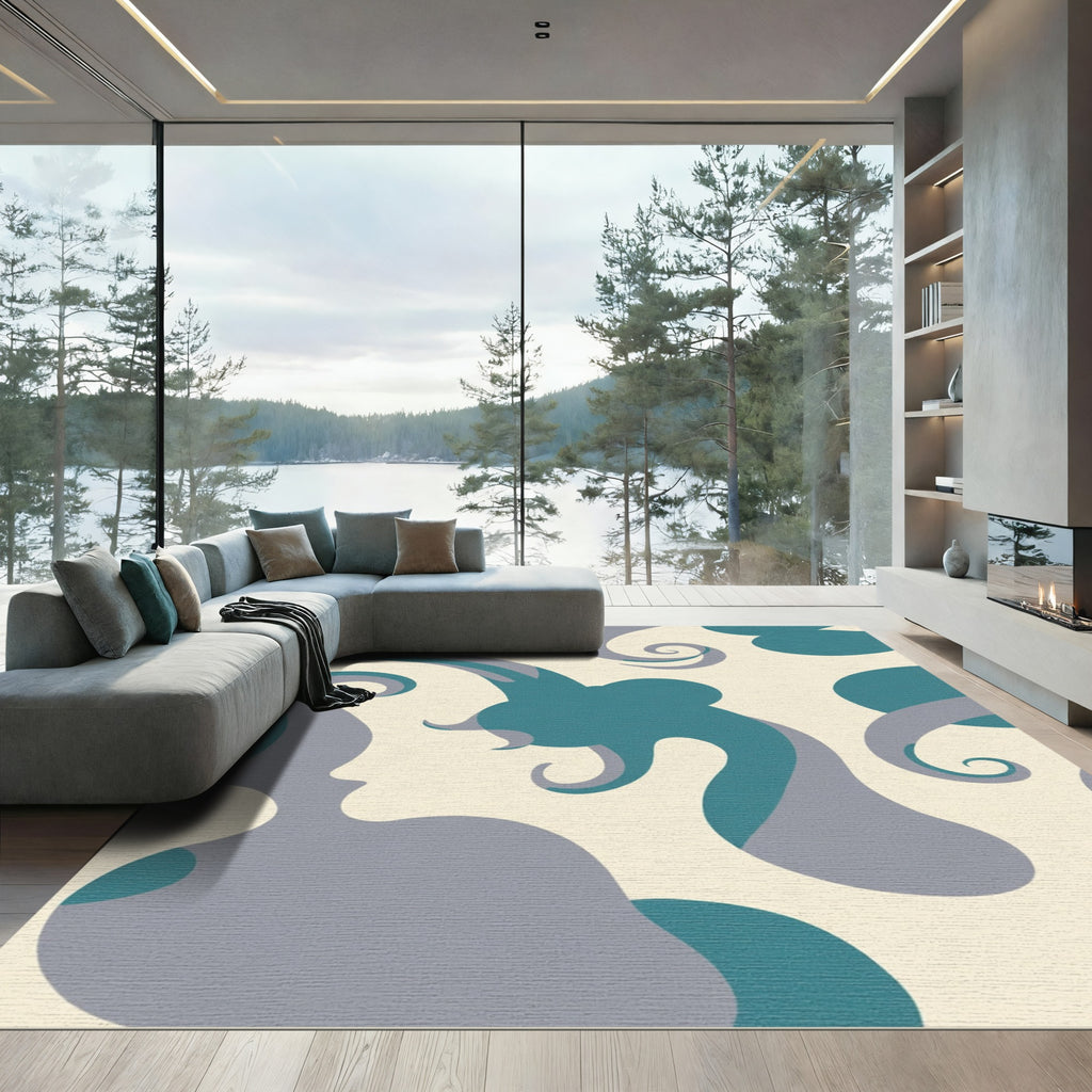 Teal Gray Swirl Organic Forms Rug