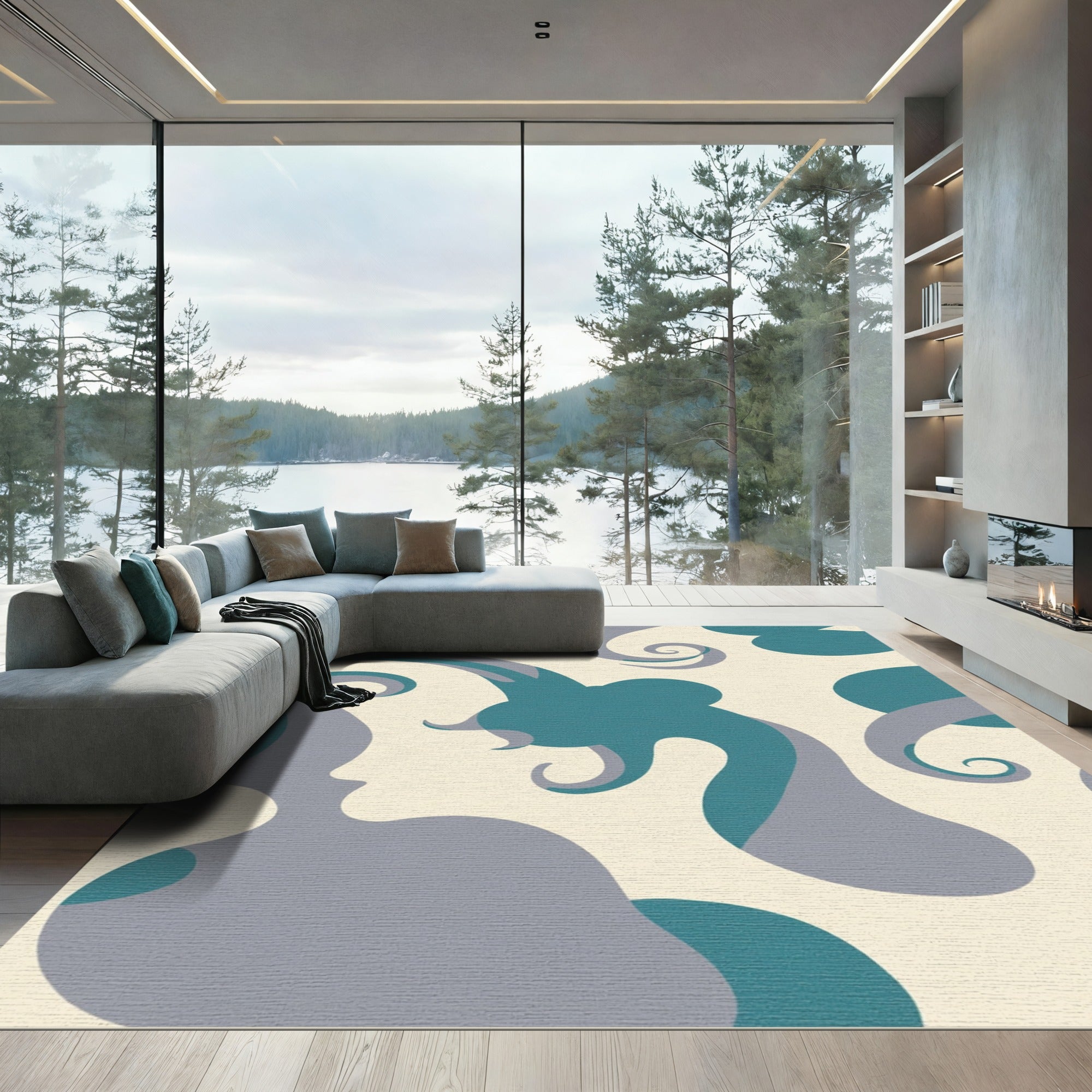 Teal Gray Swirl Organic Forms Rug
