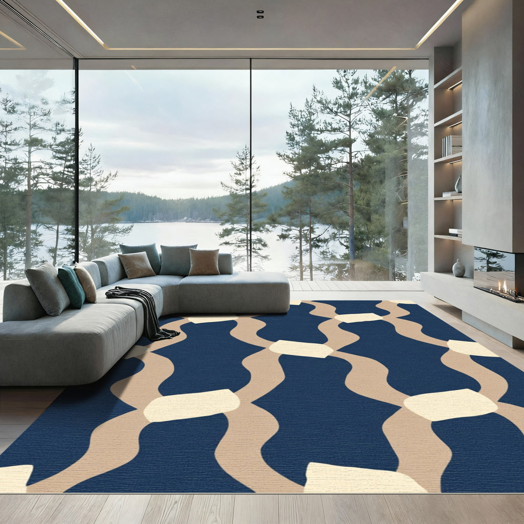 Wavy Tan Beige Blobs Navy Rug