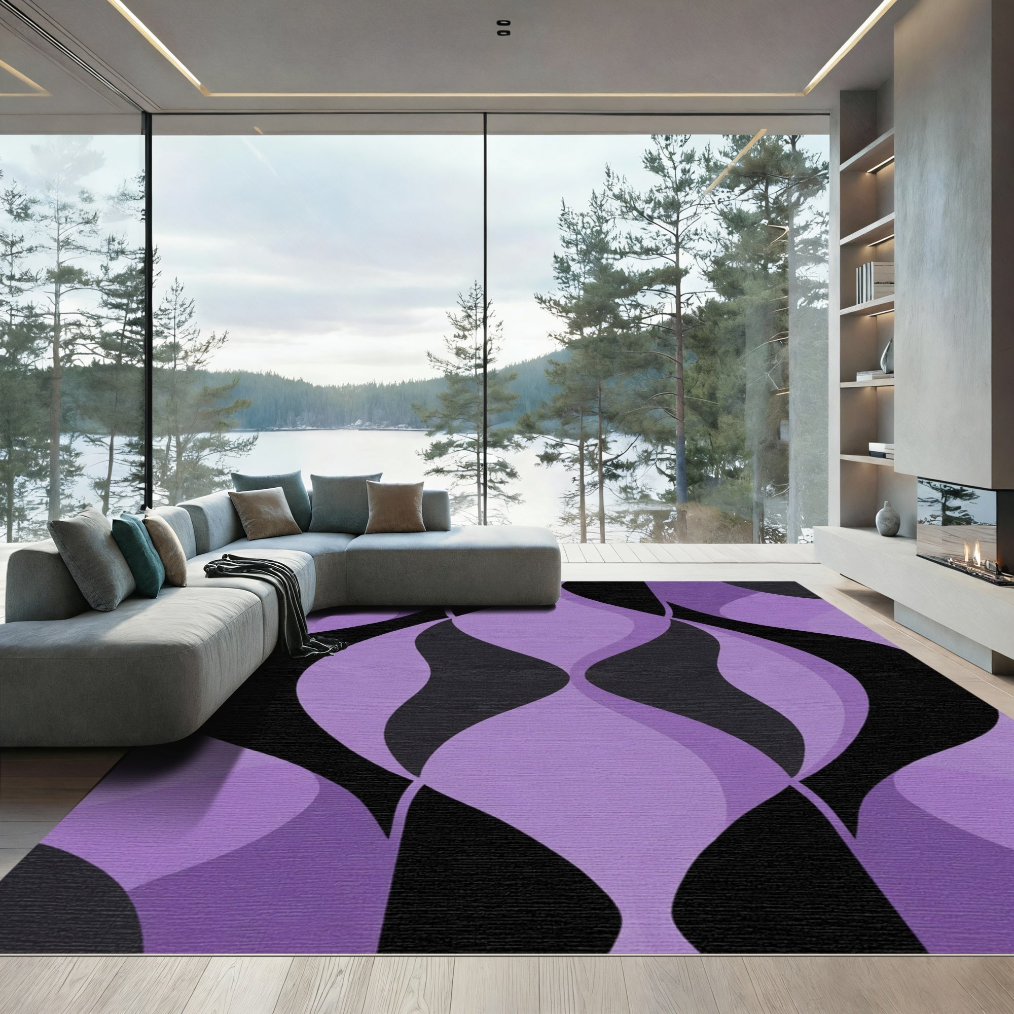 Purple Black Mid Century Modern Swirls Rug