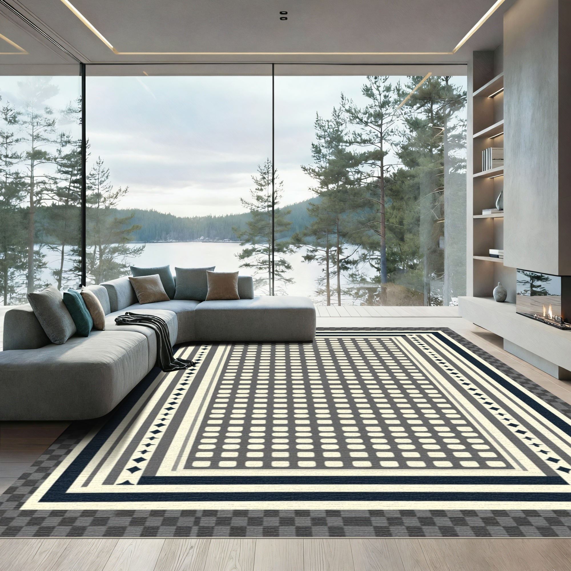 Geometric Diamond Stripe Ivory Navy Rug