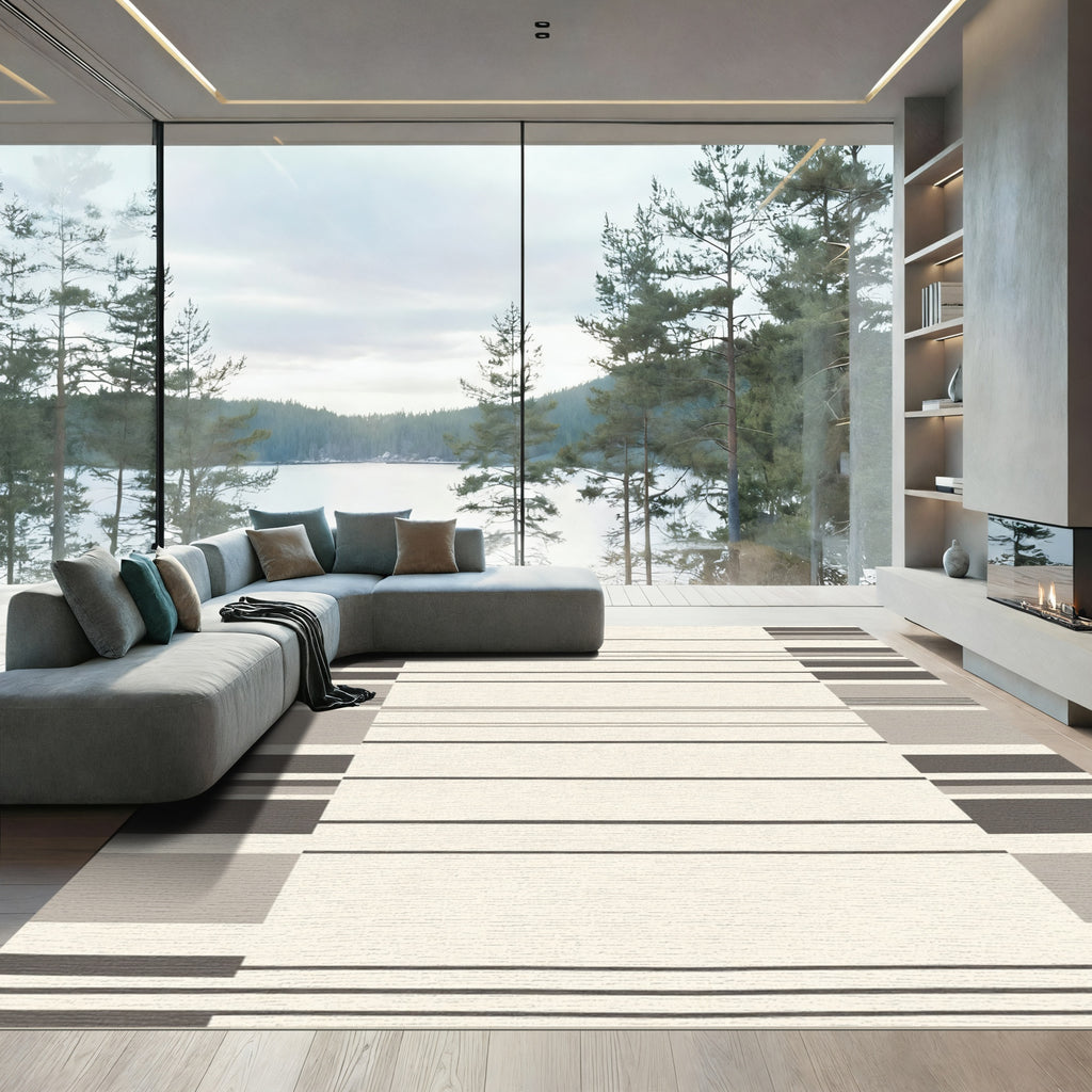 Minimalist Cream and Gray Striped Rectangles Rug