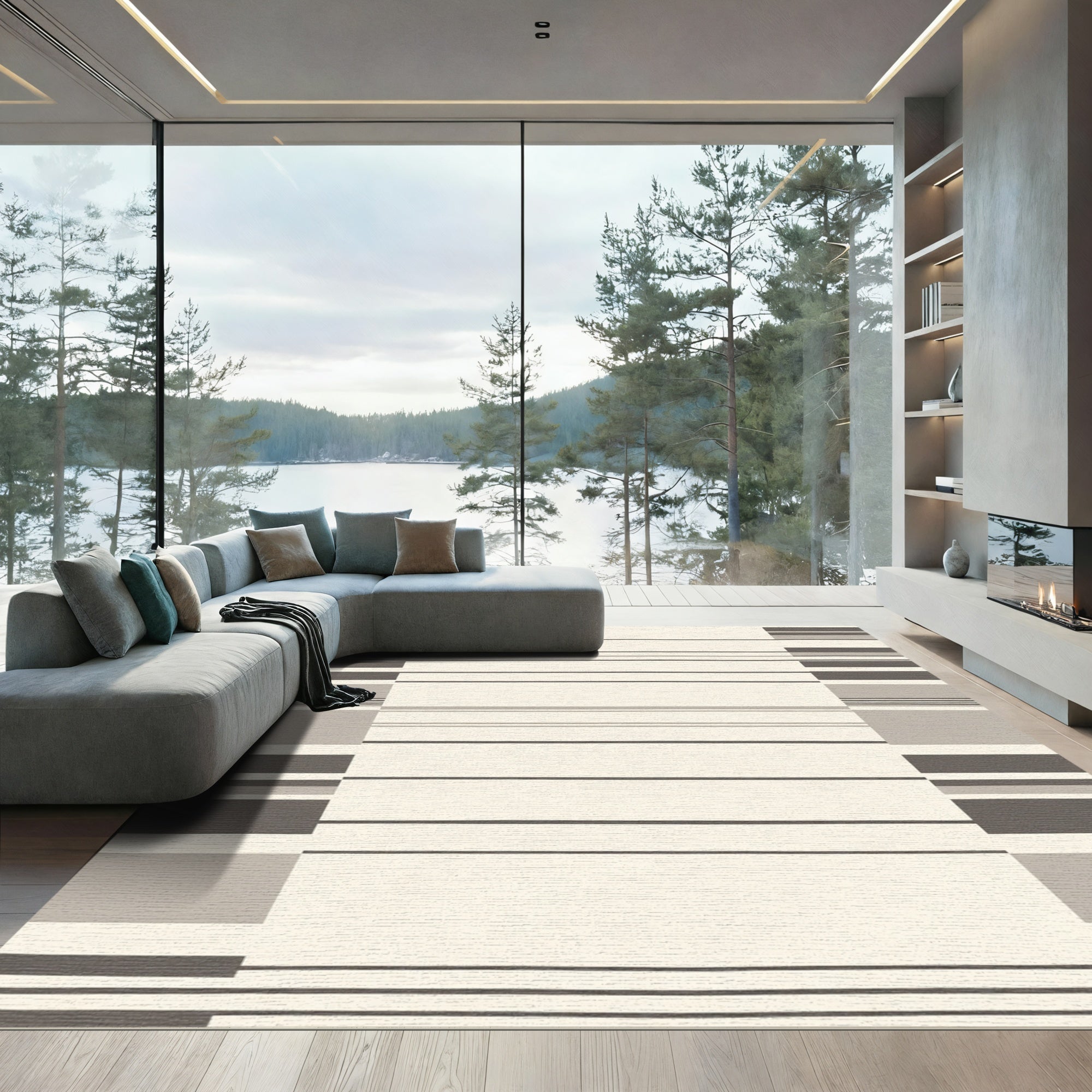 Minimalist Cream and Gray Striped Rectangles Rug